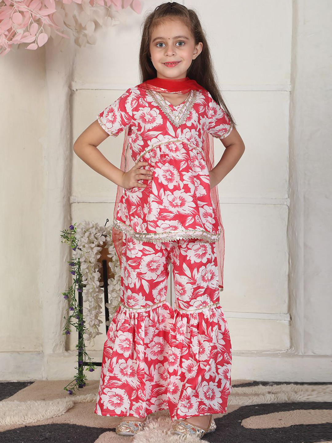 Cutiekins Girls Floral Print Regular Gotta Patti Kurta with Sharara & Dupatta