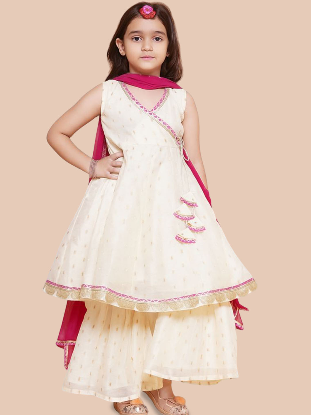 JOVK DESIGN Girls Woven Design V-Neck Angrakha Anarkali Kurta & Sharara With Dupatta