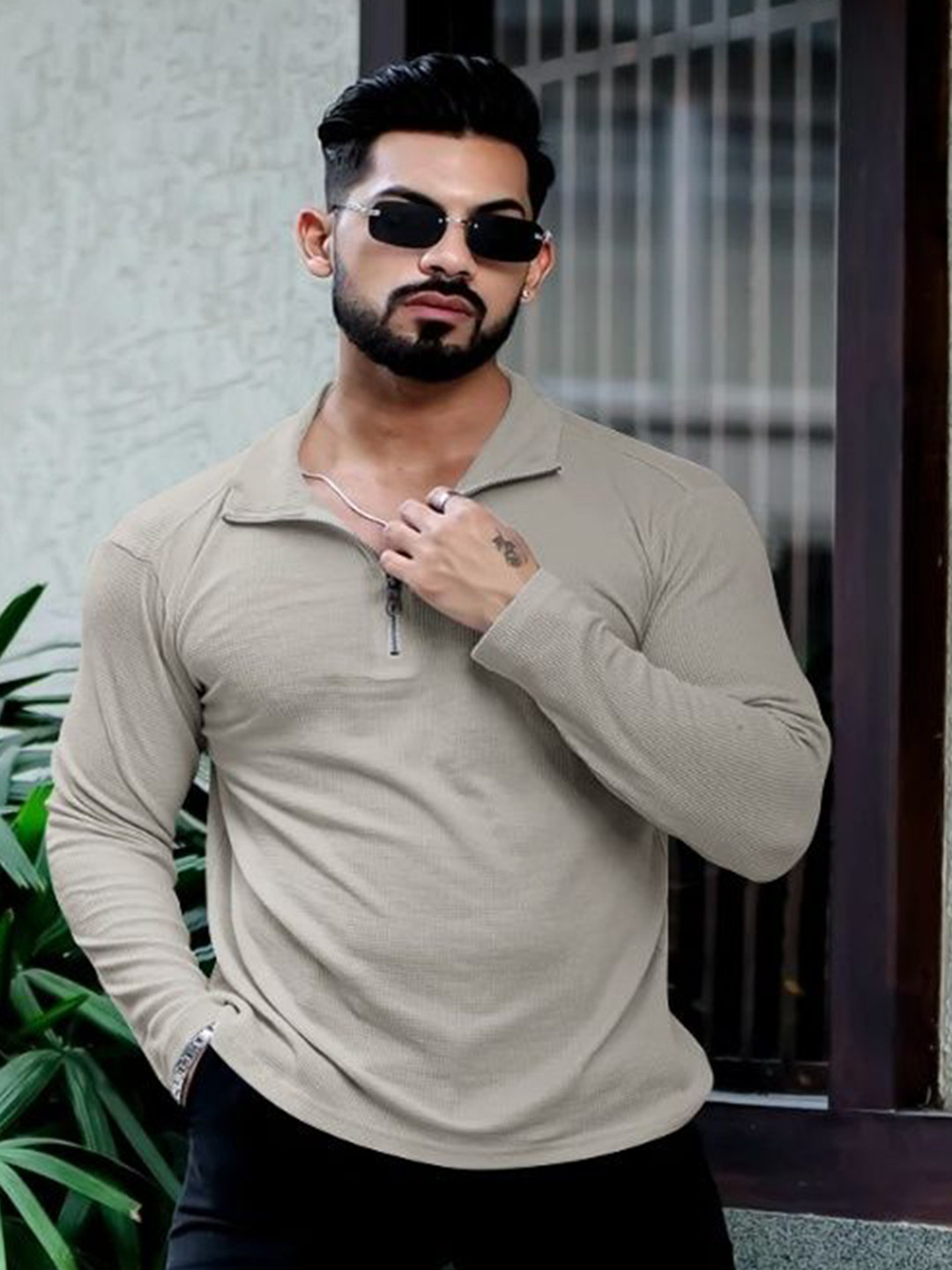 HOODLER Men Solid Polo Collar Cotton T-shirt