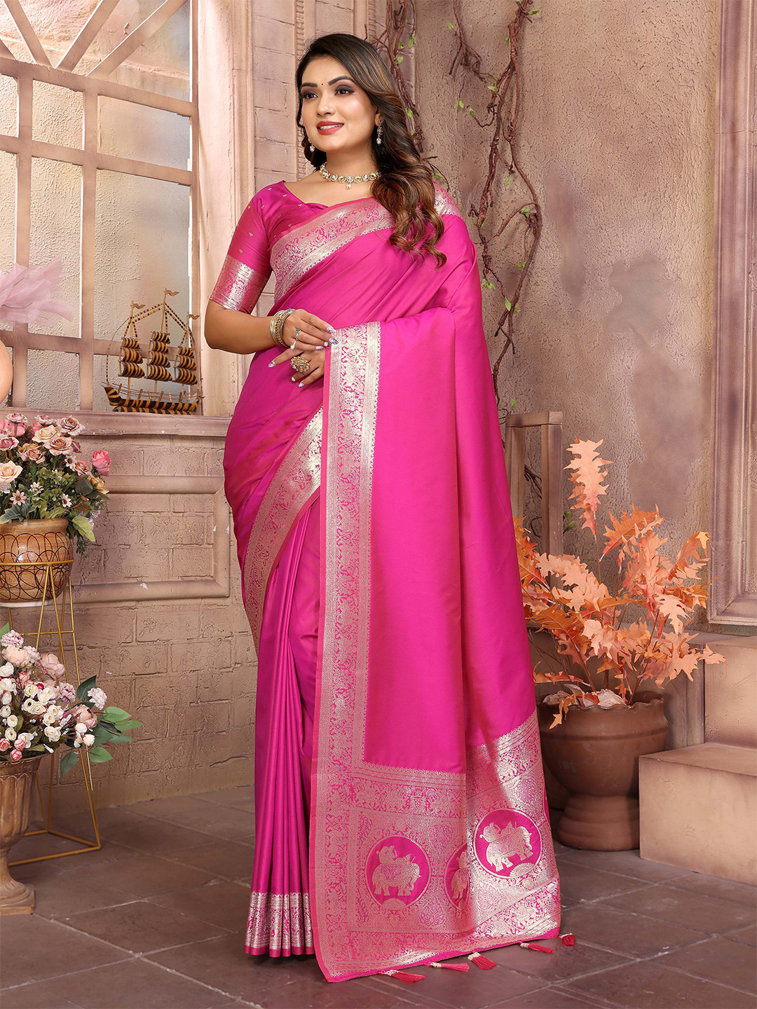 Ekta Textiles Zari Work  Banarasi Saree With Blouse