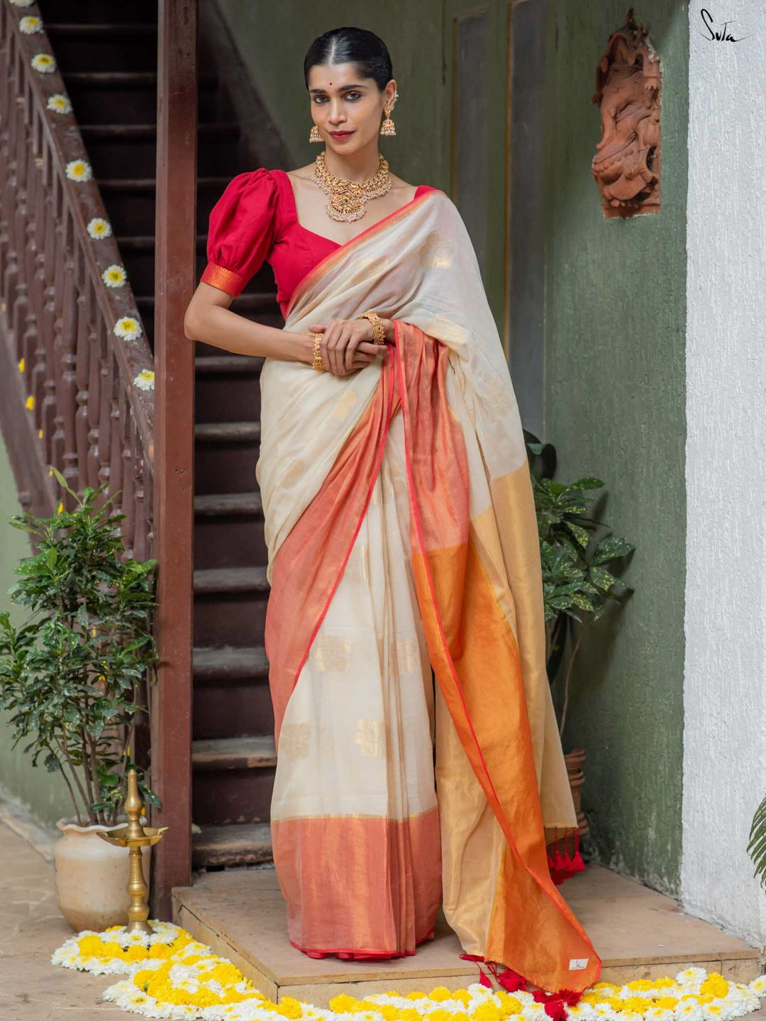 Suta White Cotton Zari Saree