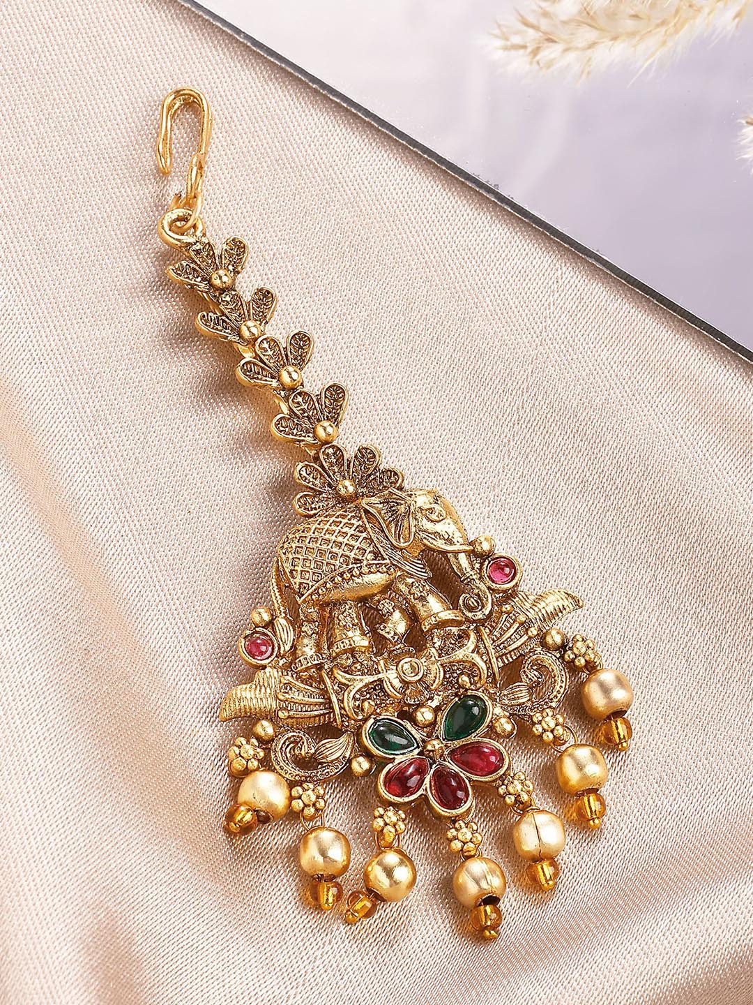 KARATCART Gold-Plated Elephant-Design Artificial Stones Studded Maang Tikka