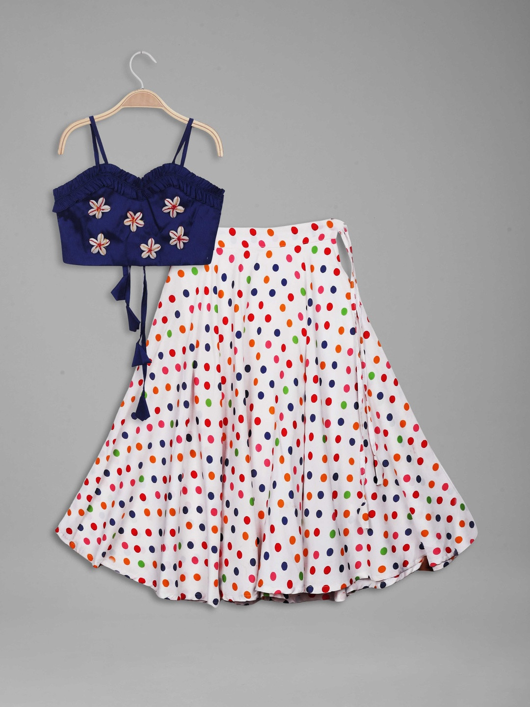 IRSIA Girls Patchwork Crop Top and Polka Dot Umbrella Flair Lehenga