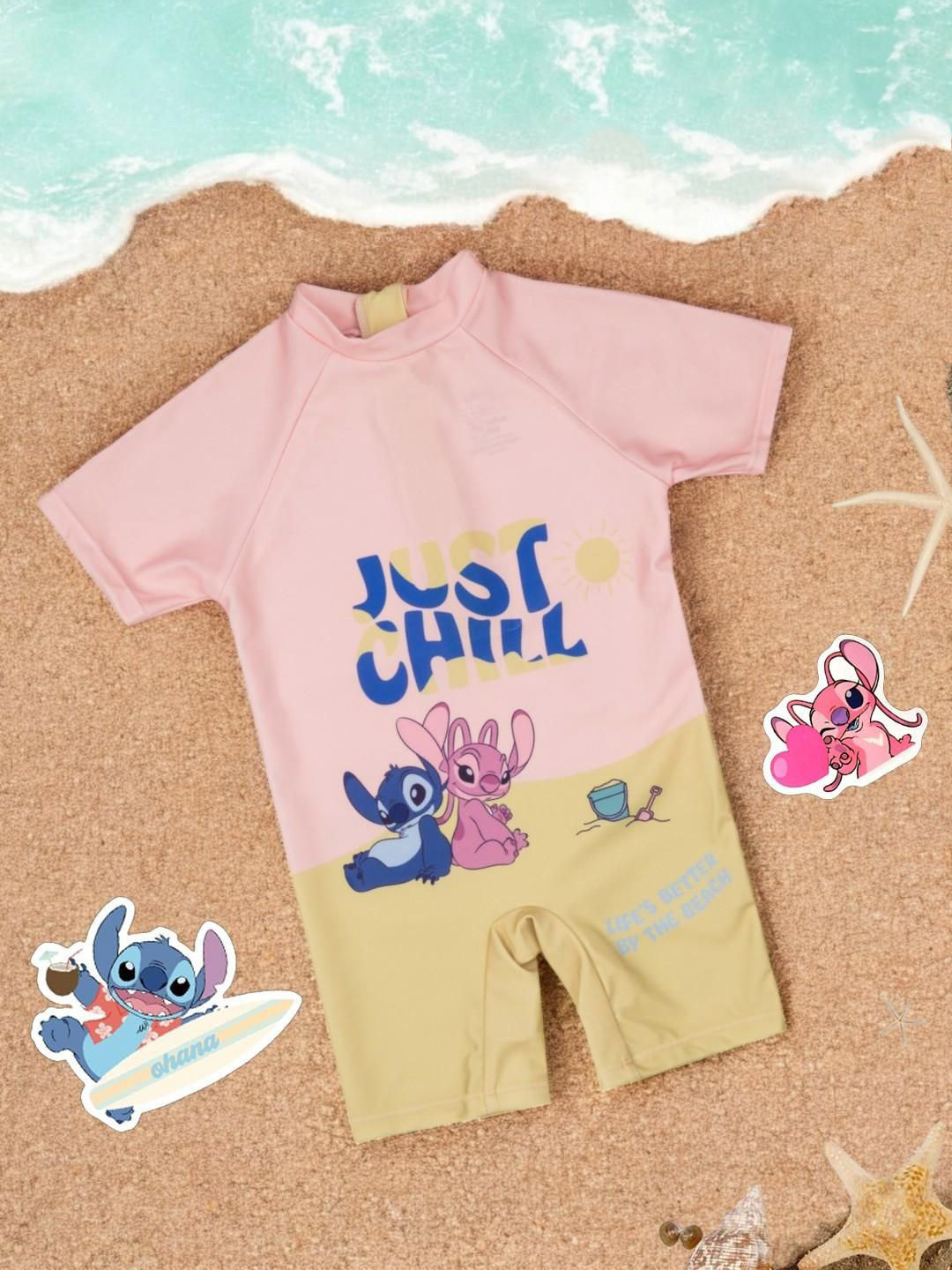 Yellow Bee Girls Typography Printed Disney Stitch & Angel with Just Chill Print Legsuit