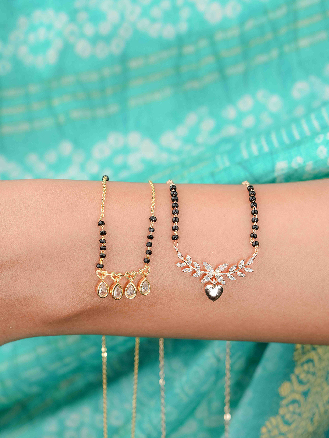 Zeraki Jewels Nora & Meher Set of 2 Rose Gold-Plated Stone Studded & Beaded Mangalsutra