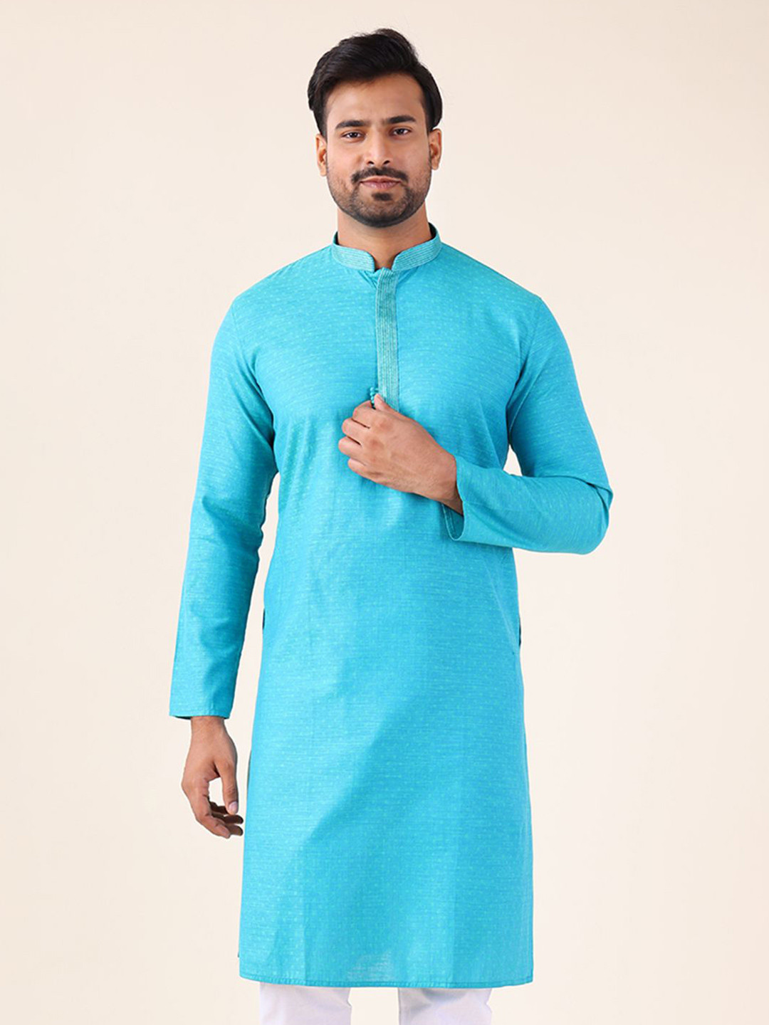 AURIK Men Thread Work Linen Kurta