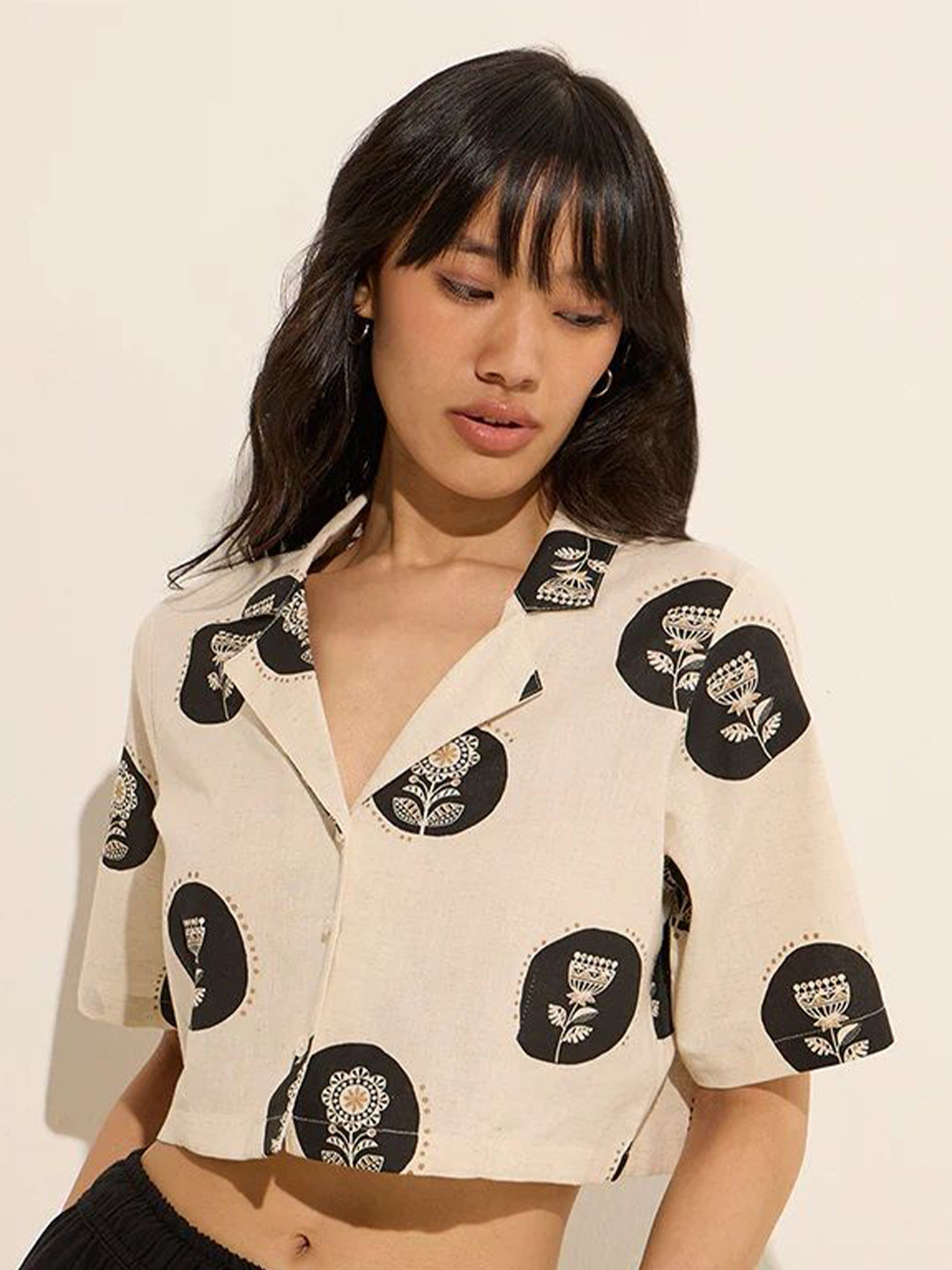 M&H Easy Women Boxy Fit Floral Printed Cuban Collar Casual Shirt