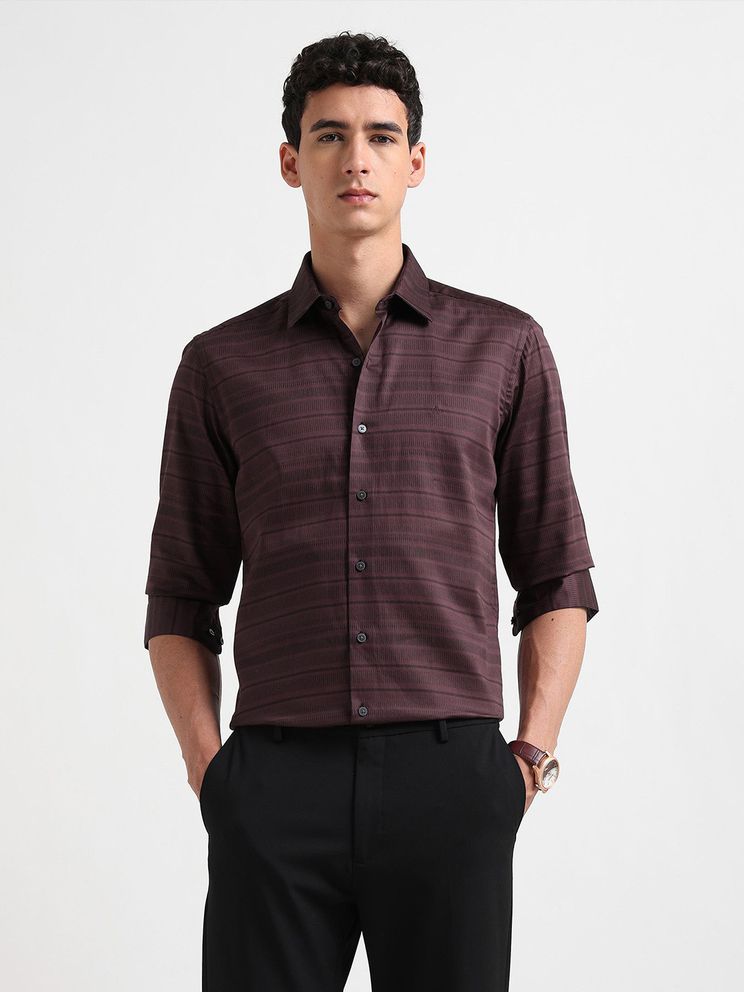 Arrow New York Horizontal Stripes Spread Collar Long Sleeves Satin Shirt
