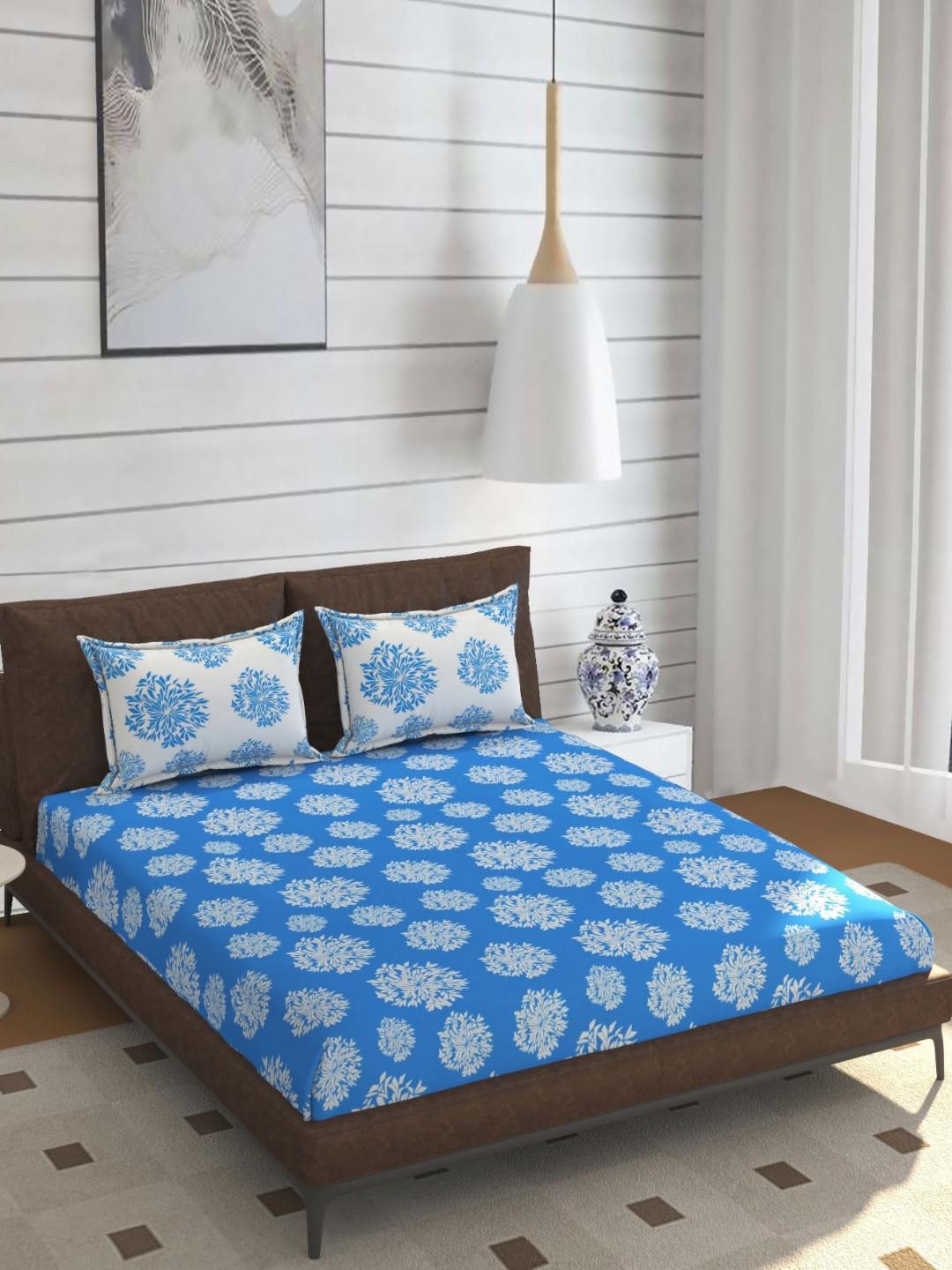 ohello Blue & White Floral Printed 210TC Double King Size Bedsheet 1.98 m x 1.82 m