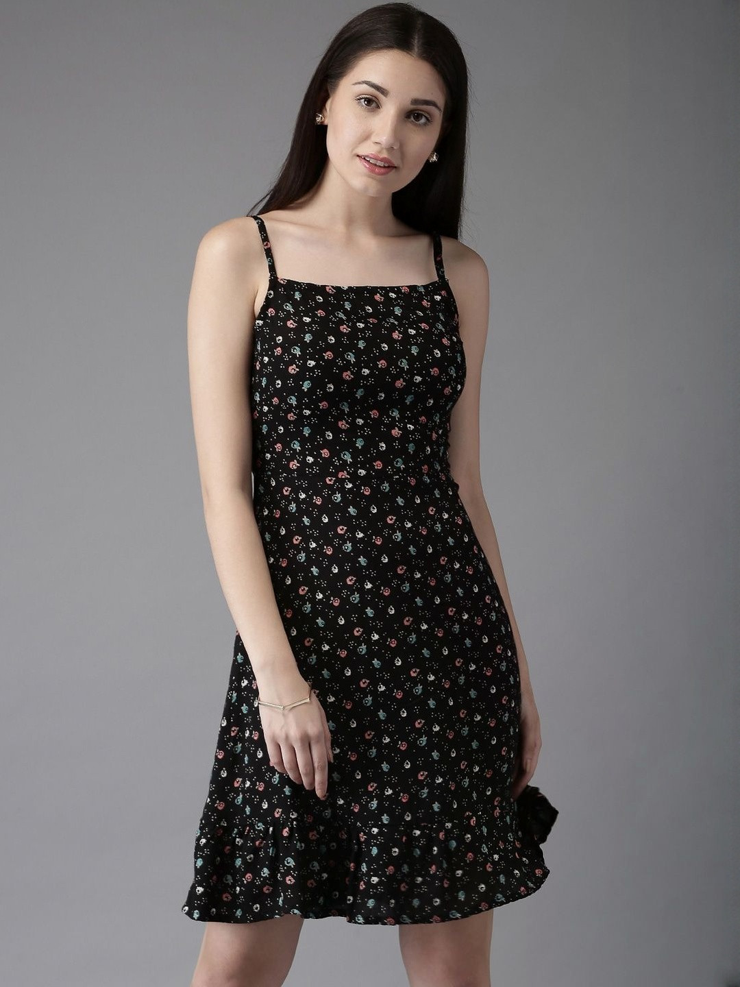 HERE&NOW Women Black Printed Viscose Rayon Fit and Flare Dresses