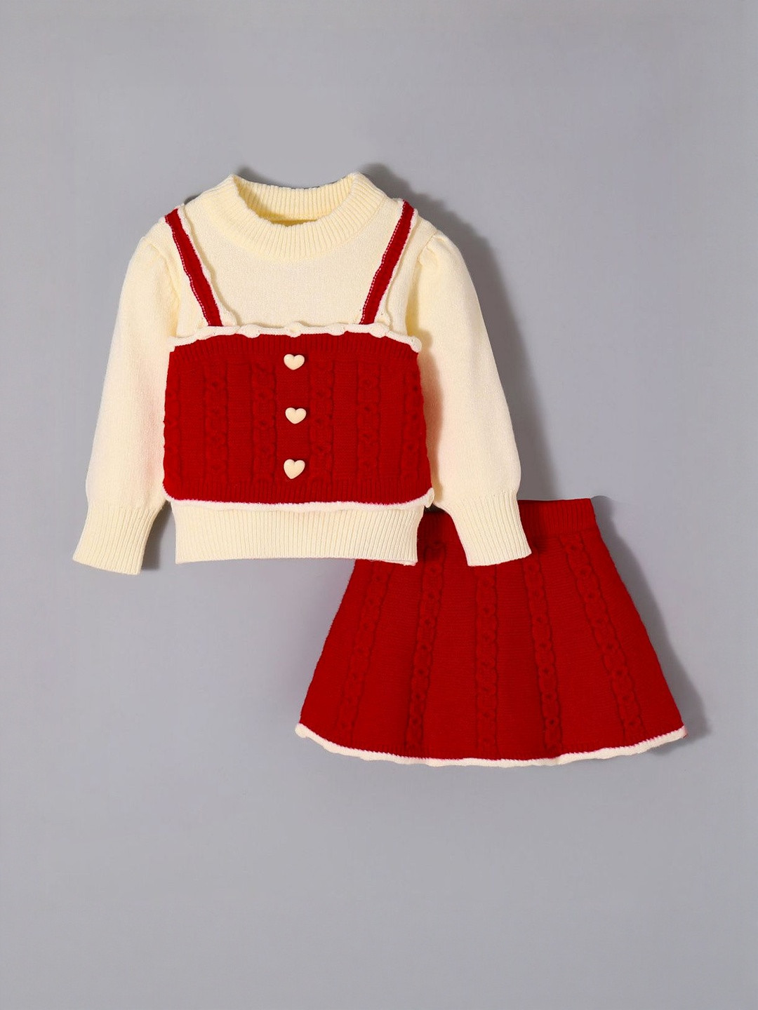 Hopscotch Kids Girls Red & Cream Polyester Suspender Cardigan & Skirt Clothing Set