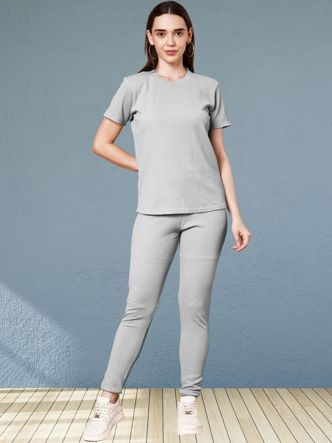 Moda Rapido Women Light Grey Cotton Lycra Blend Textured Material Tracksuit