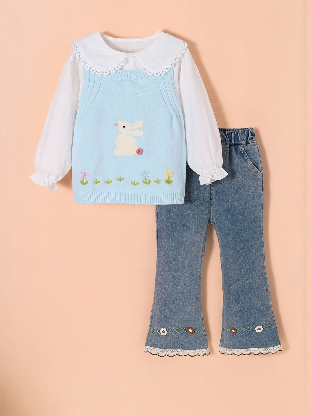 Hopscotch Girls Printed 3-Pc Bunny Garden Jeans Set