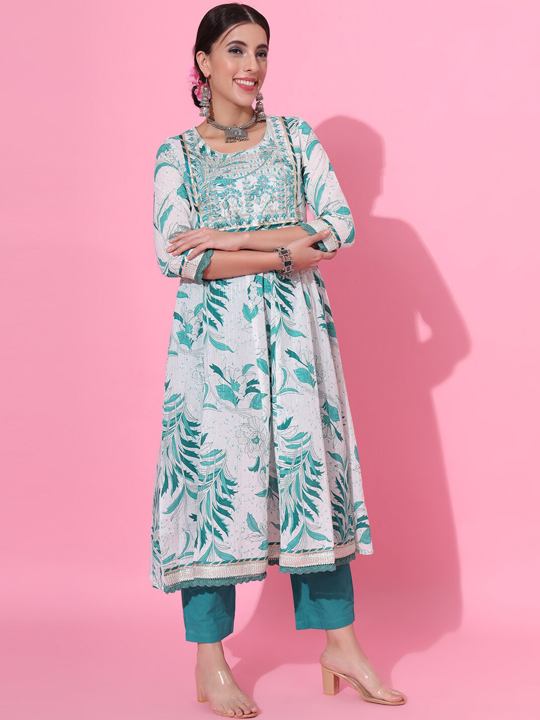 JAIPUR PRIME Floral Printed Empire Pure Cotton Kurta With Trousers & Dupatta