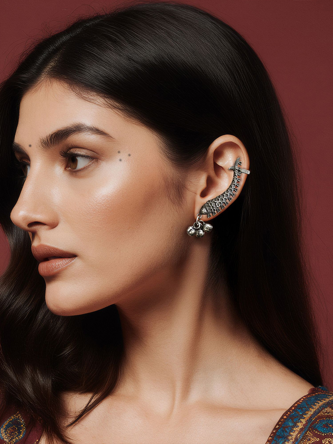 Kalakrith Milano Ghungroo Beaded Fish Shaped Oxidised Ear Cuffs