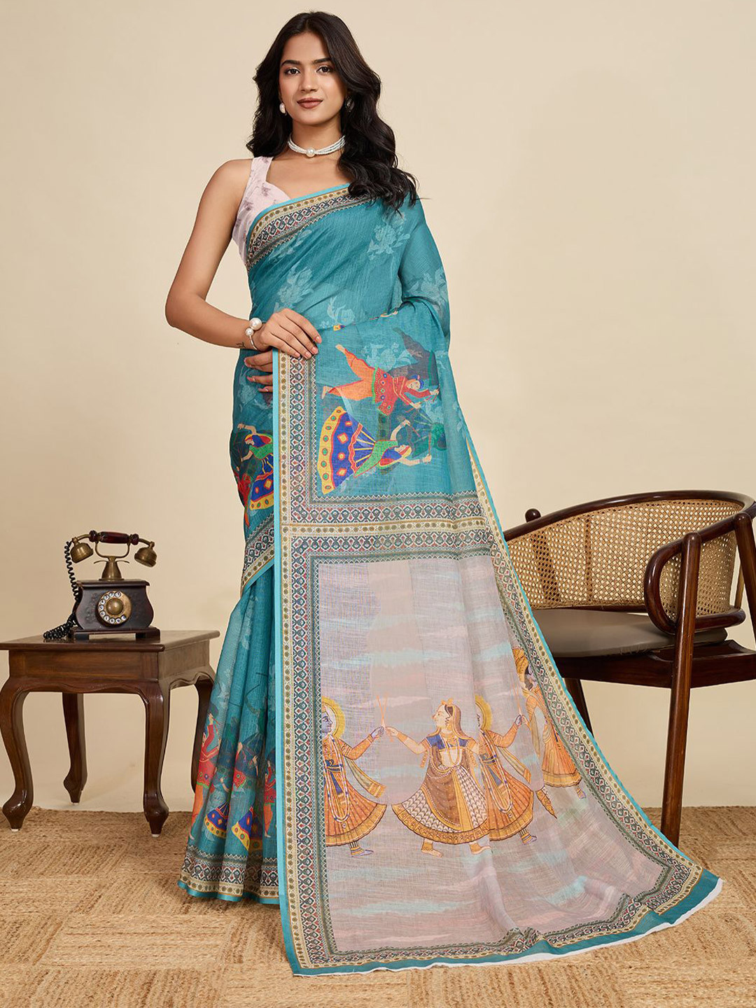 bansari textiles Abstract Printed Zari Block Print Saree With Unstitched Blouse