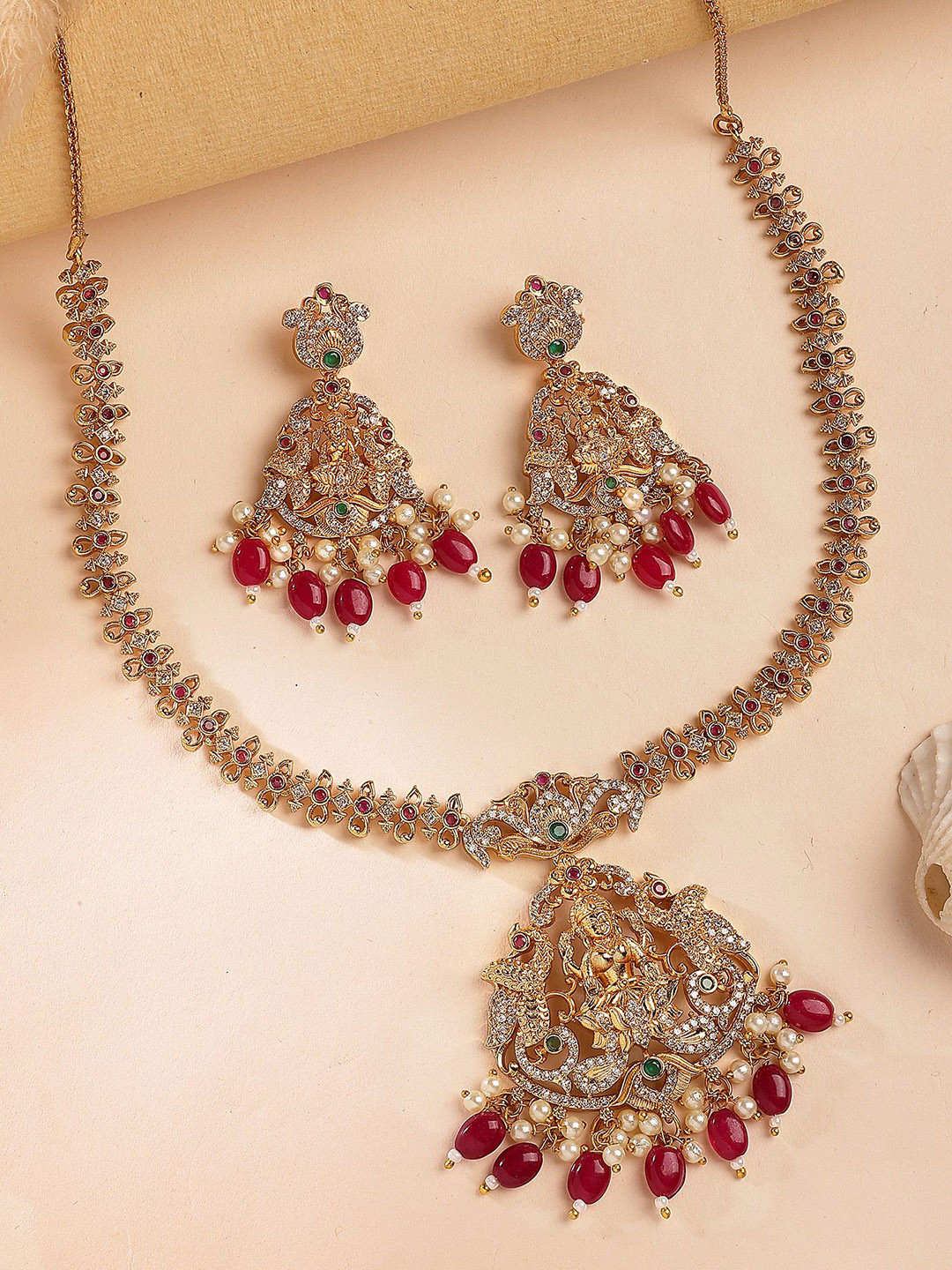 KARATCART Gold Plated Stones Studded Laxmi Mata Temple Necklace With Earring Set