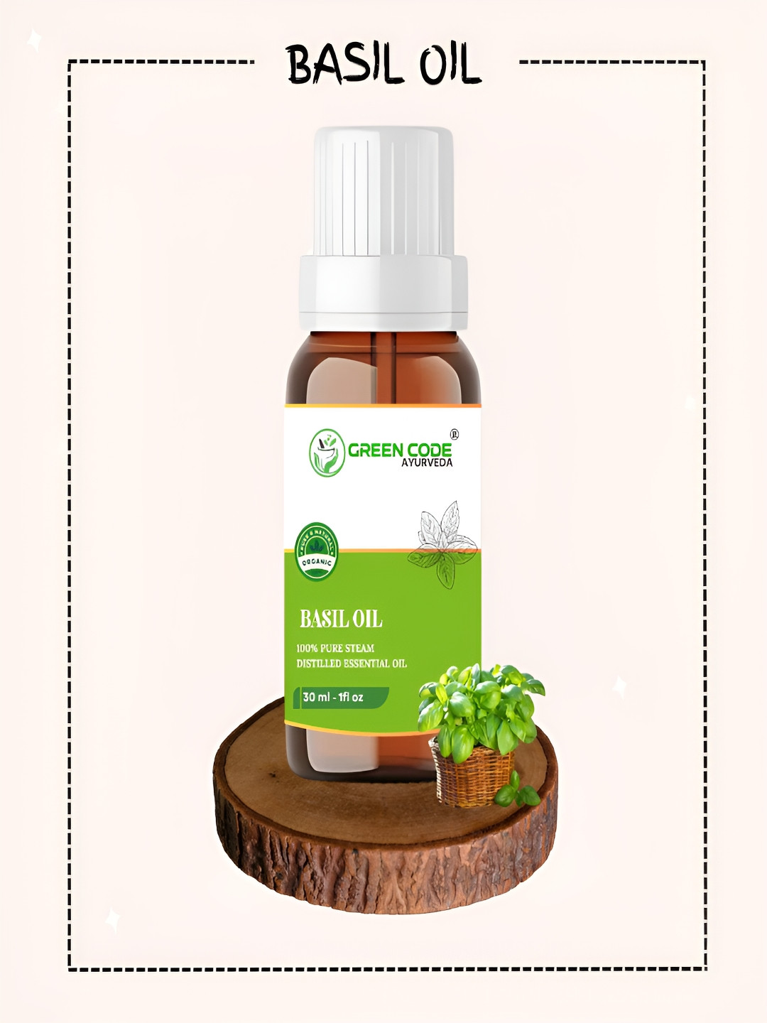 GREEN CODE AYURVEDA 100% Pure Steam Basil Distilled Essential Oil - 30 ml