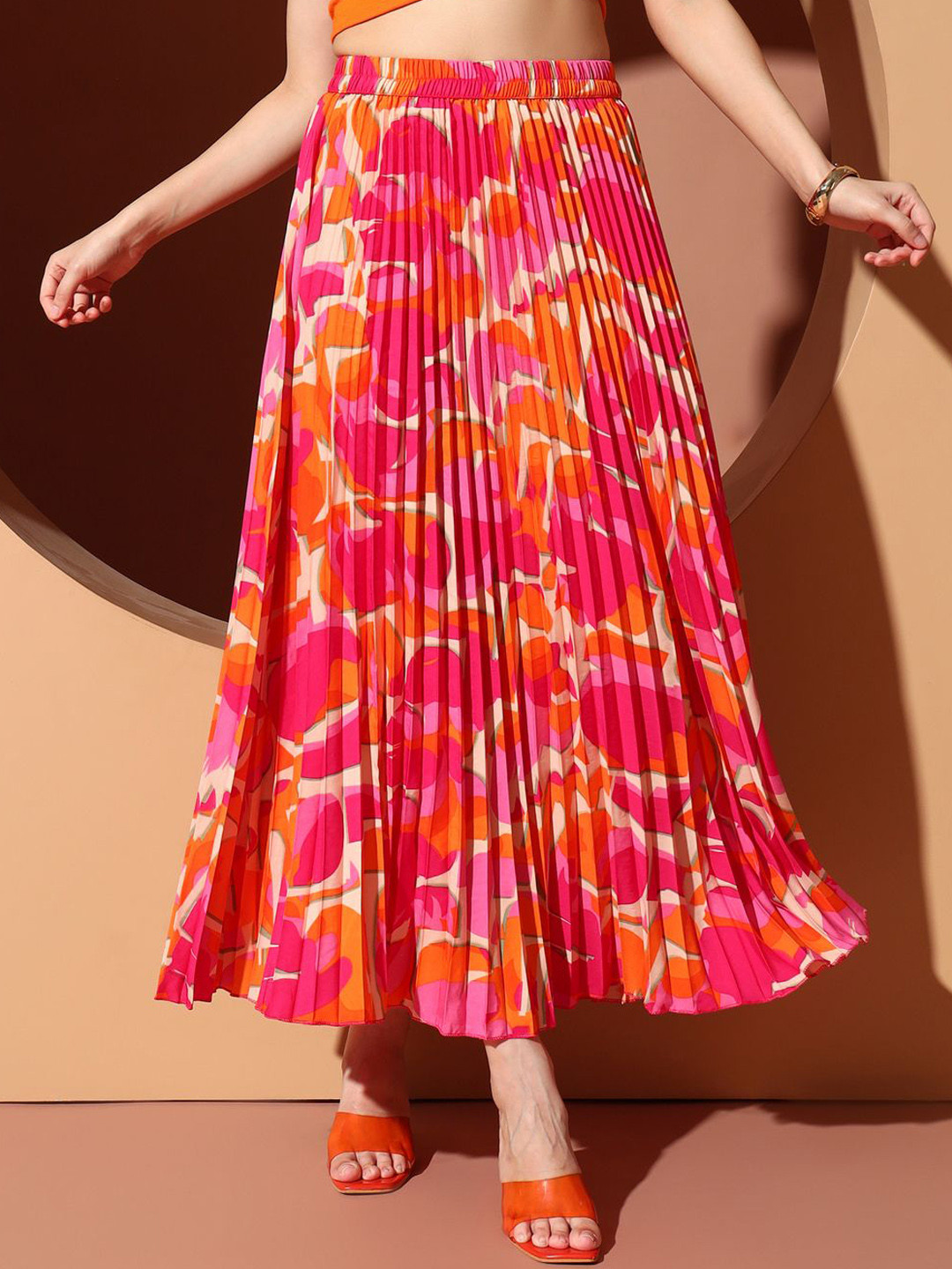 ZWERLON Women High-Waist Pleated Abstract Printed Long Skirt