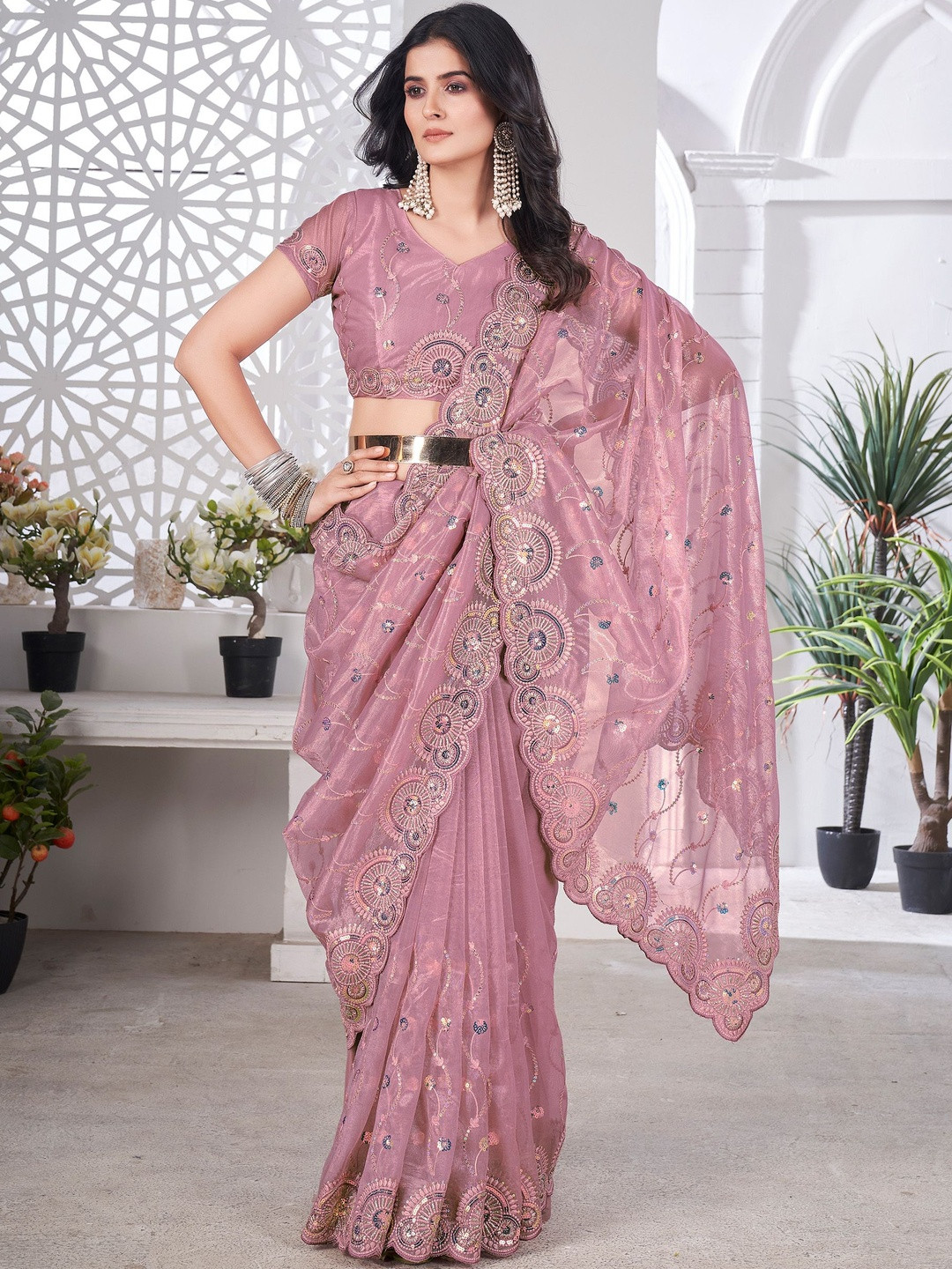 Anouk Pink Embellished Tissue  Sarees