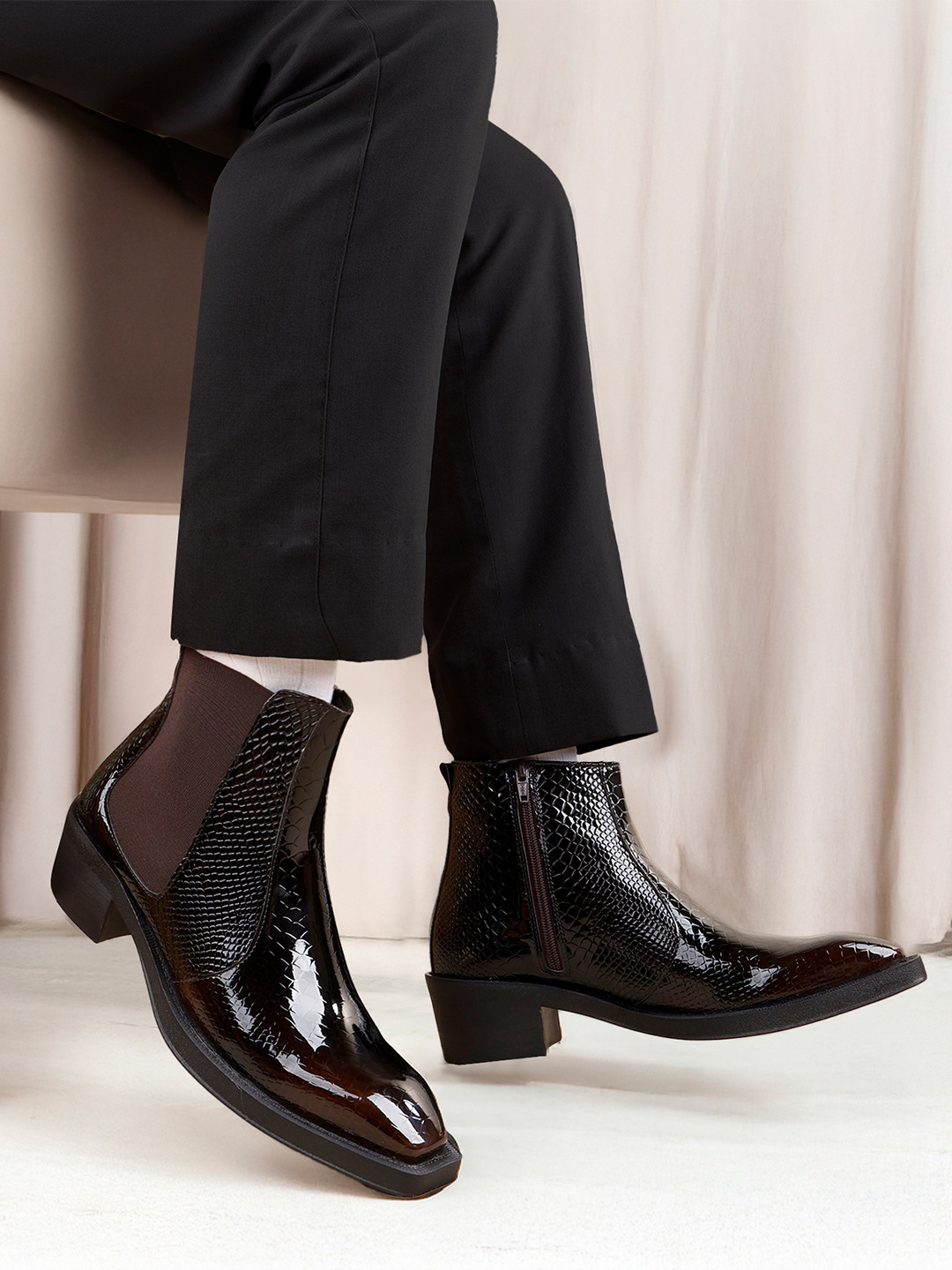 Bxxy Men Textured 2-Inch Block Heel Height Increasing Chelsea Boots