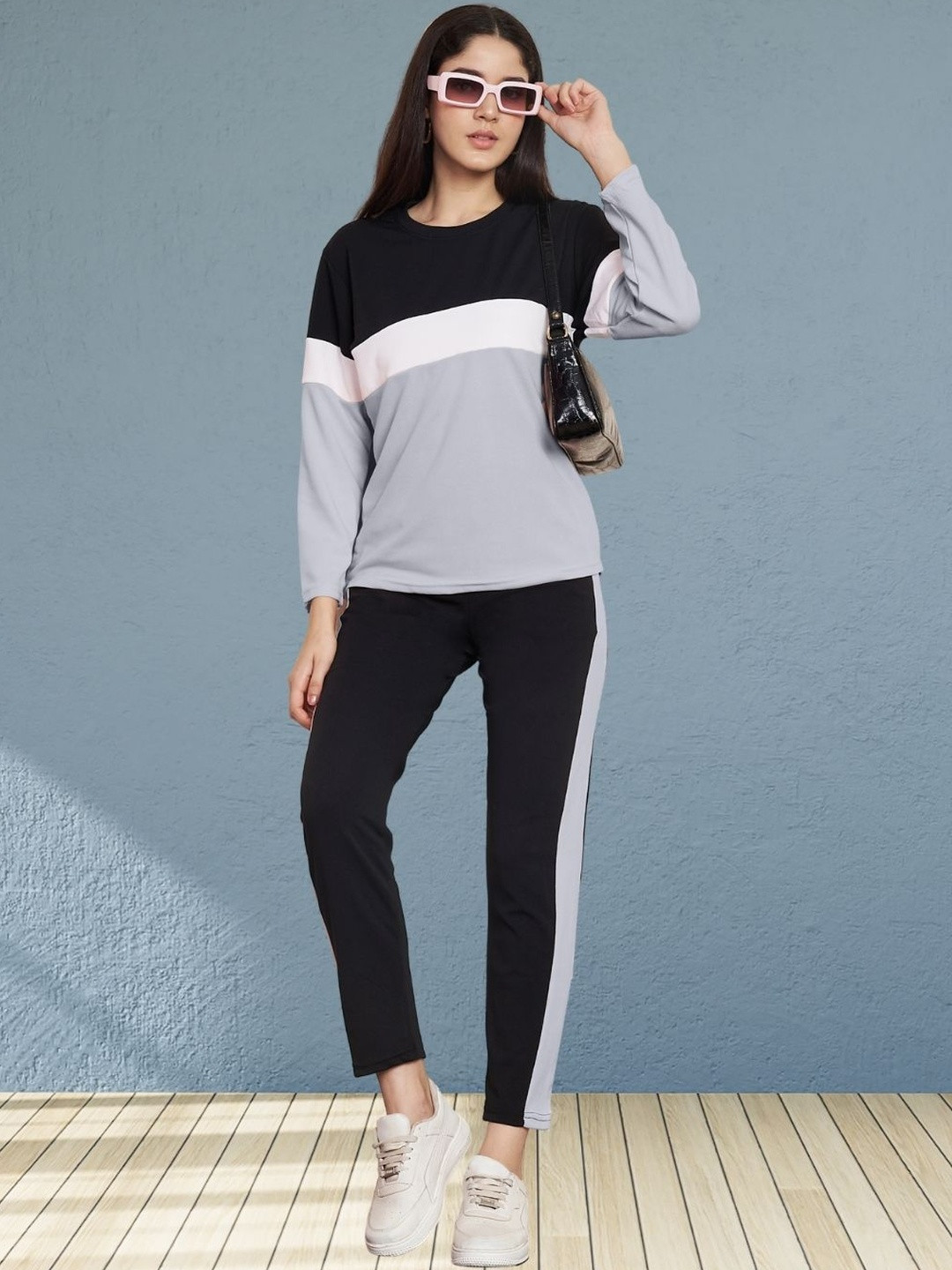 Moda Rapido Women Grey Cotton Lycra Blend Front Taped Tracksuit