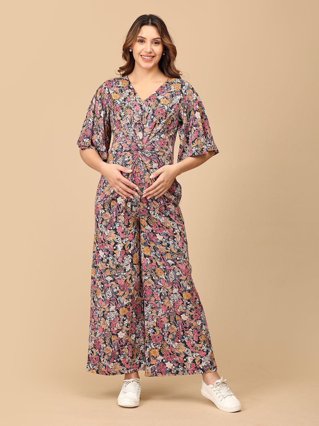 The Mom Store Women V-Neck Printed Maternity Jumpsuit