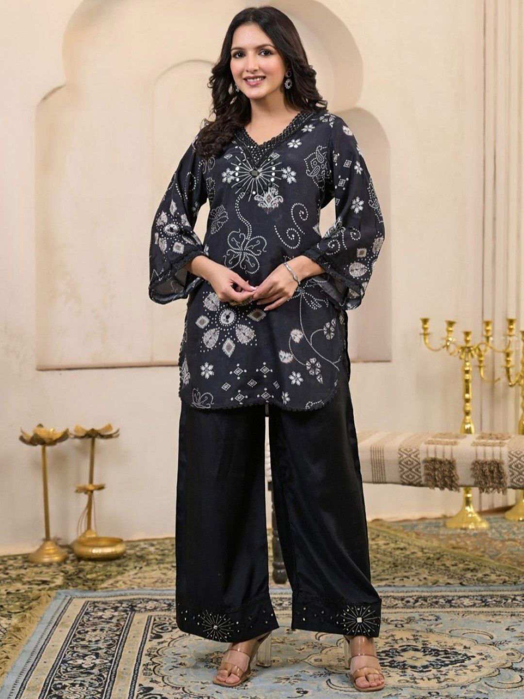 AUTUMN LANE Kara Jetty Printed V-Neck Linen Tunic With Palazzo Co-Ords