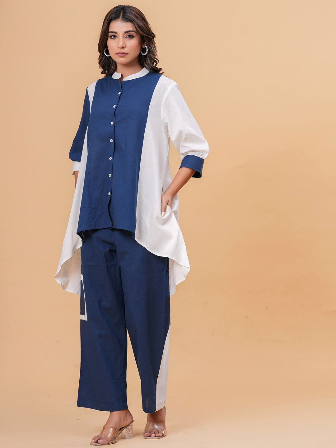 Garin Colourblocked Mandarin Collar Organic Cotton Shirt With Trouser