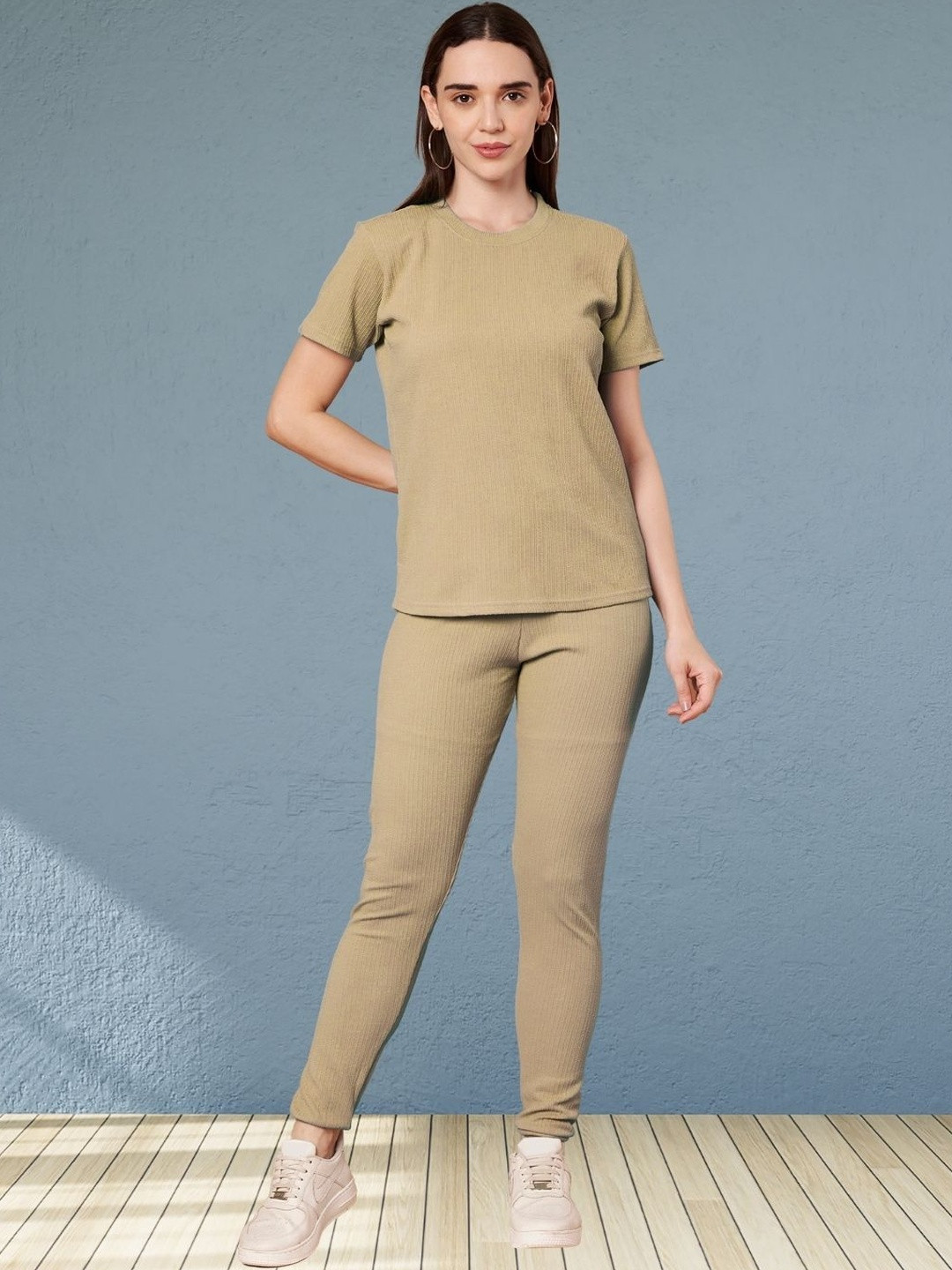 Moda Rapido Women Beige Cotton Lycra Blend Styled With scrambled Textured Tracksuit