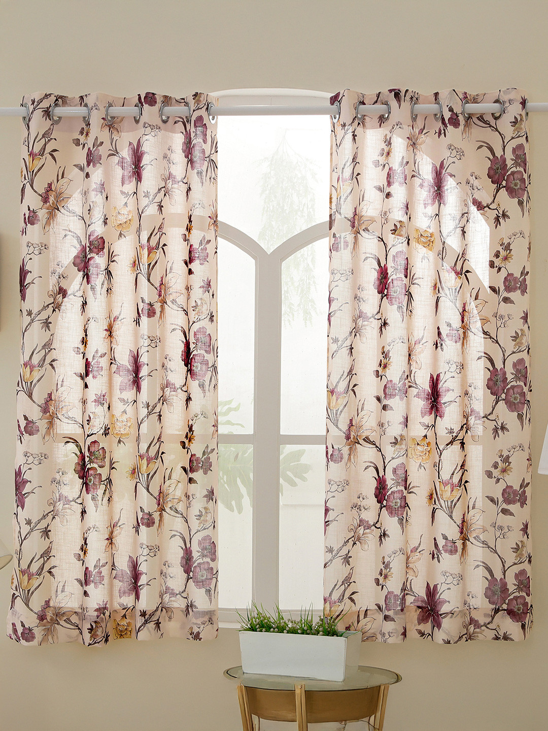 Story@home Cream-Coloured & Purple Set of 2 Floral Sheer Window Curtain