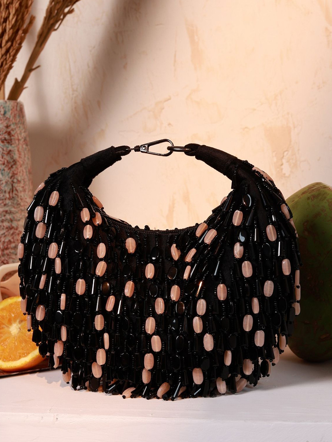 THE TAN CLAN Bella Embroidered Embellished Half Moon Clutch Bag