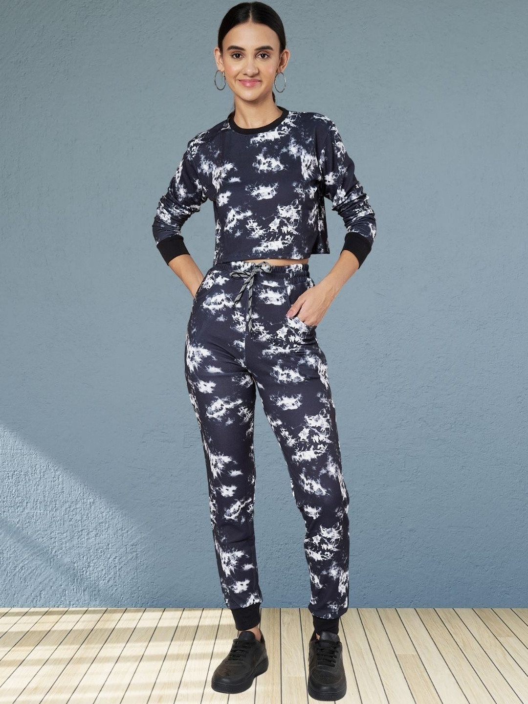 Moda Rapido Black Cotton Lycra Blend Styled With All Over Tie Die Print Tracksuit