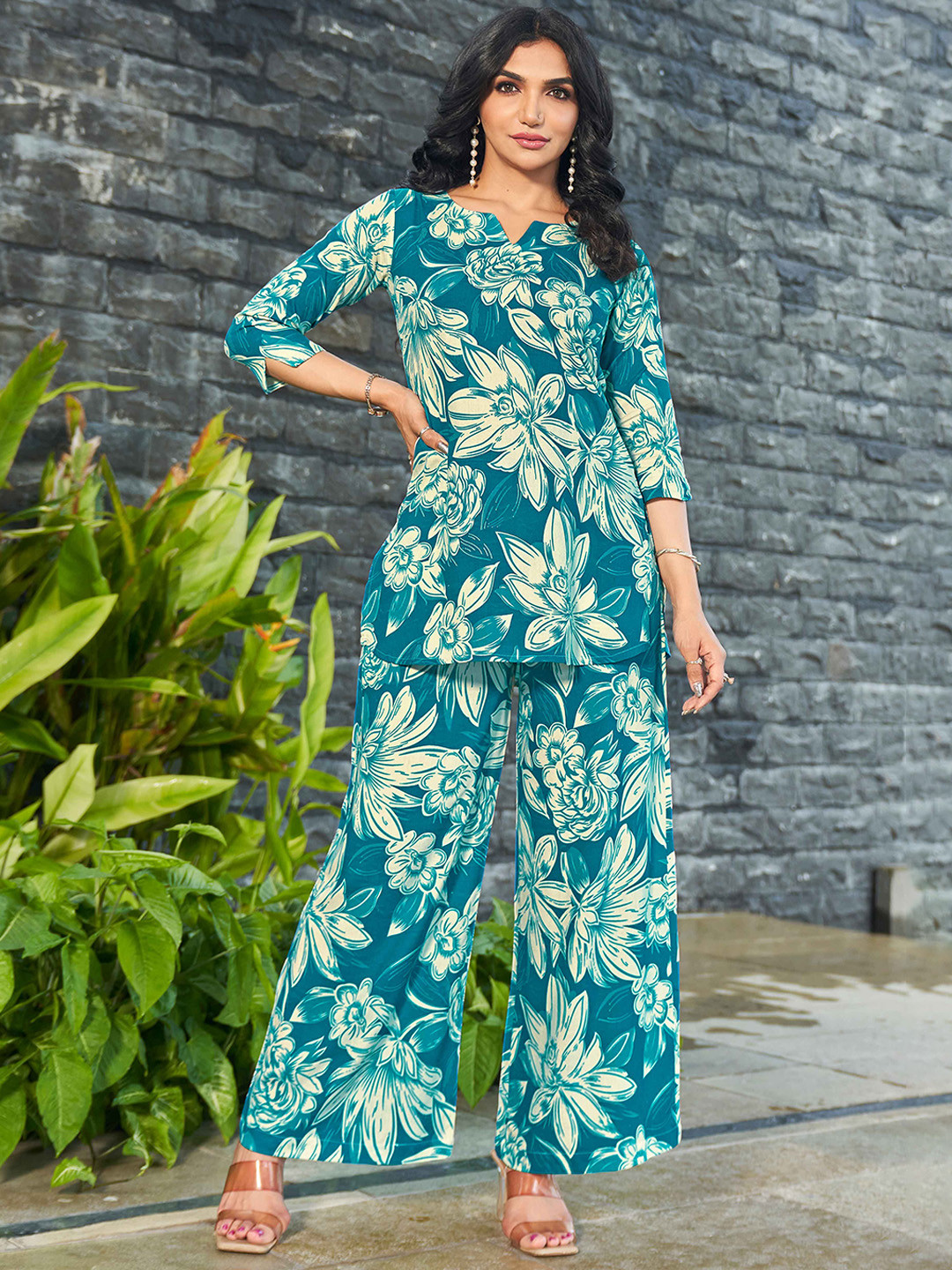 CHANSI Women Blue Cotton Blend Printed Viscose Rayon Casual Co-Ords