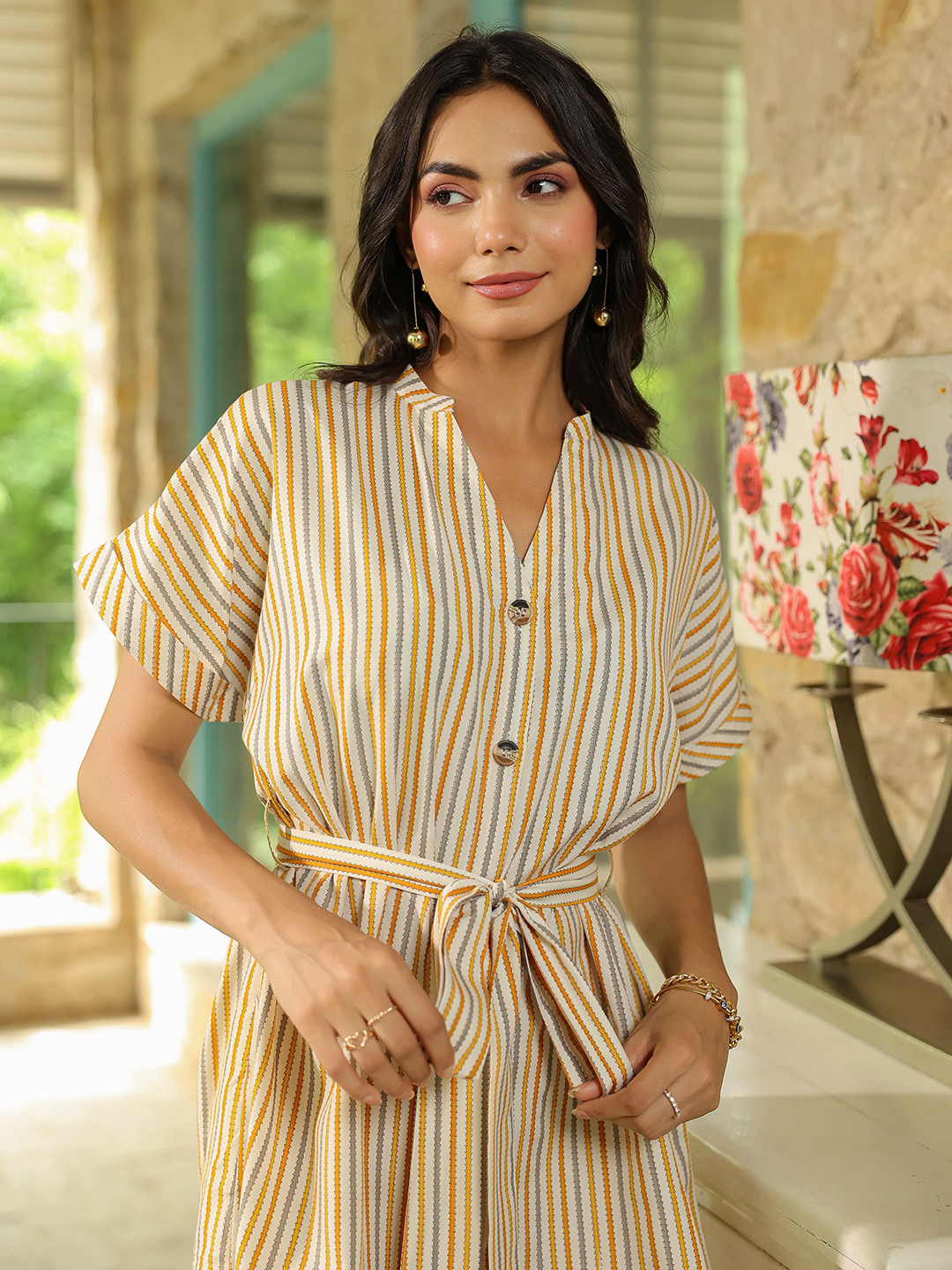 M&H Easy Striped Mandairan Collar Shirt Mini Dress