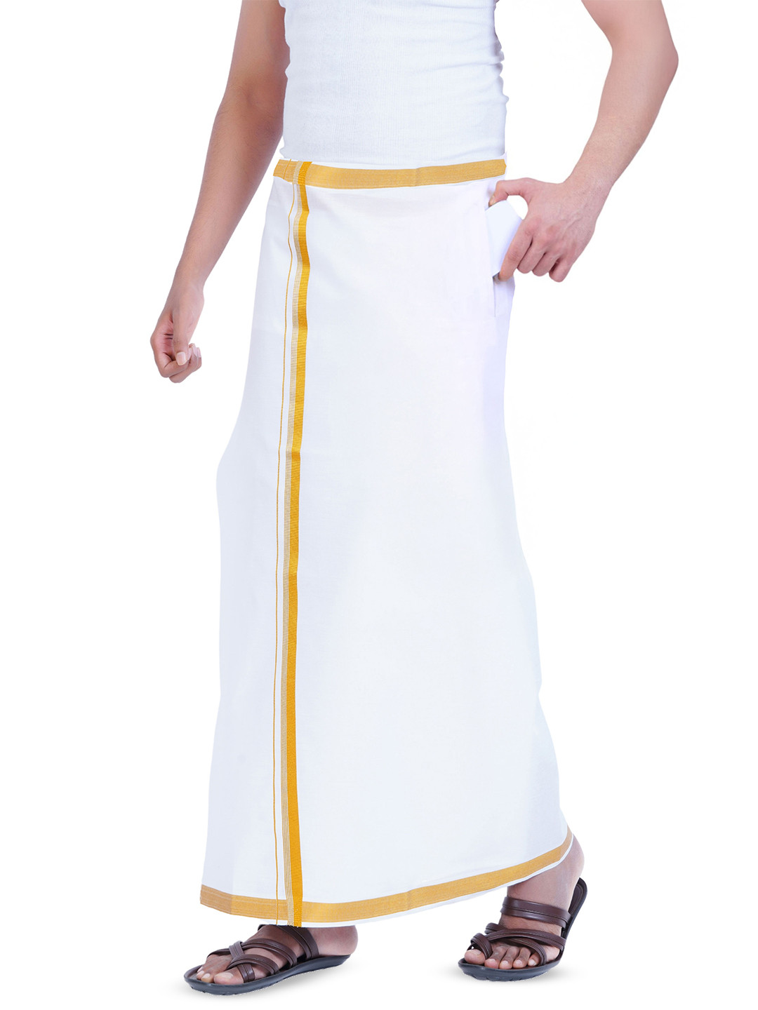 PRAKASAM COTTON Men Stitched White Dhoti With Jari Border