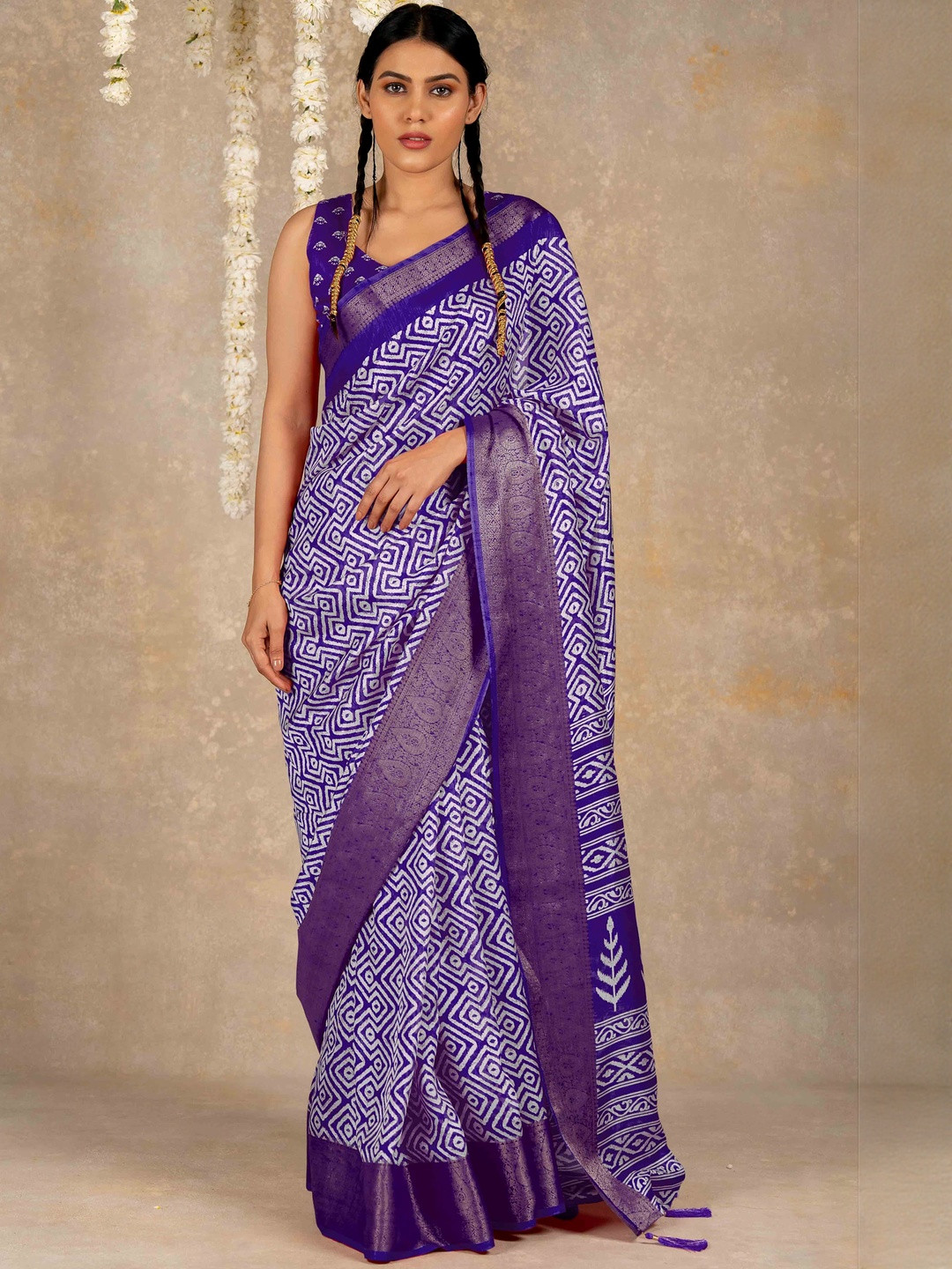 KALINI Purple Printed Silk Cotton  Sarees