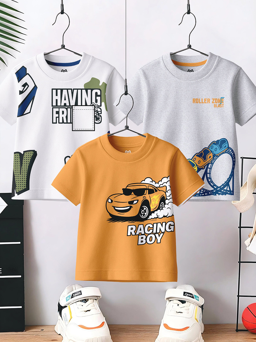 Grand Max Boys Pack of 3 Graphic Printed Round Neck Pure Cotton T-shirts