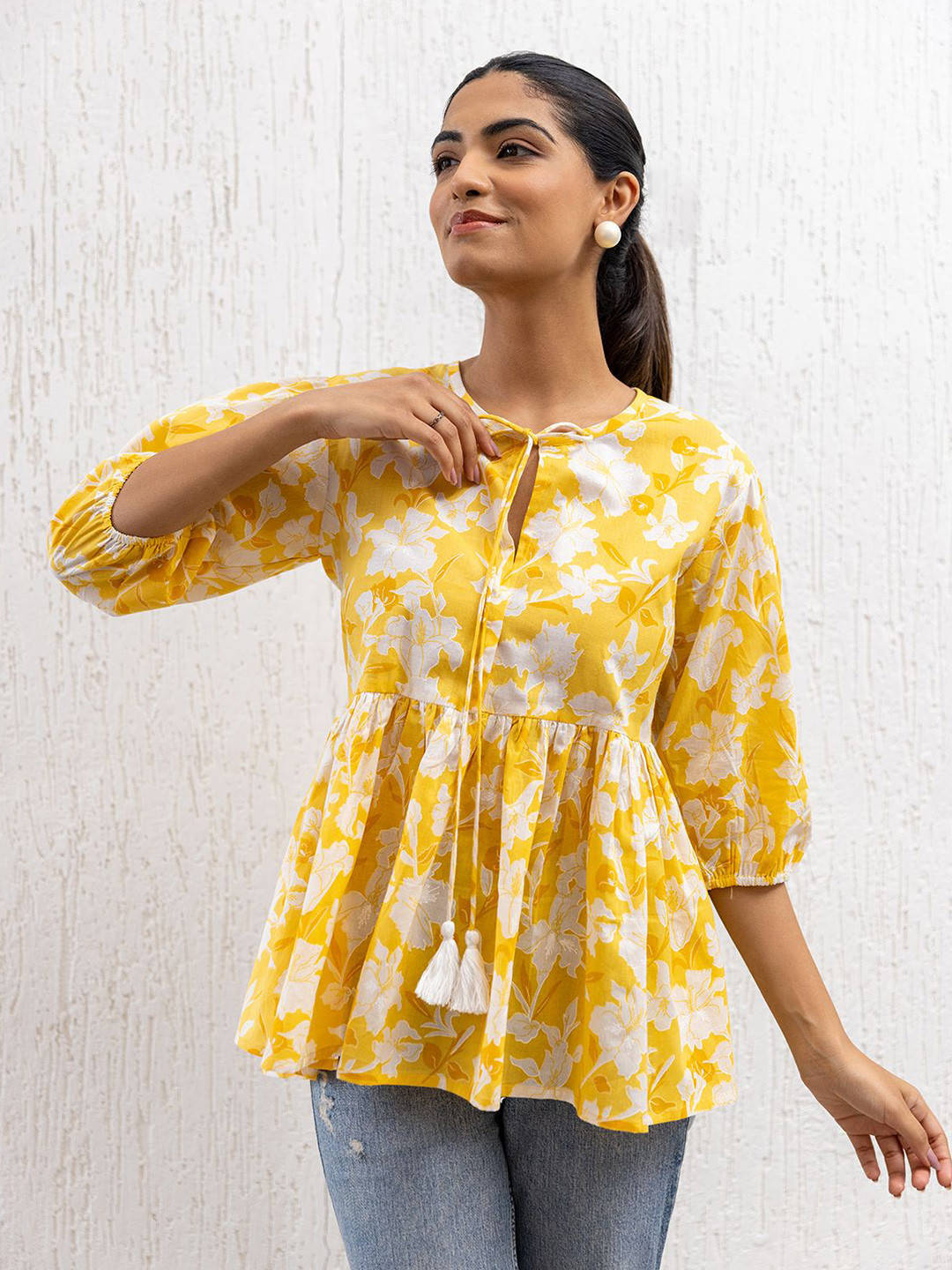 Polago Clothing Sunshine Women Floral Print Tie-Up Neck Puff Sleeves Cotton Peplum Top