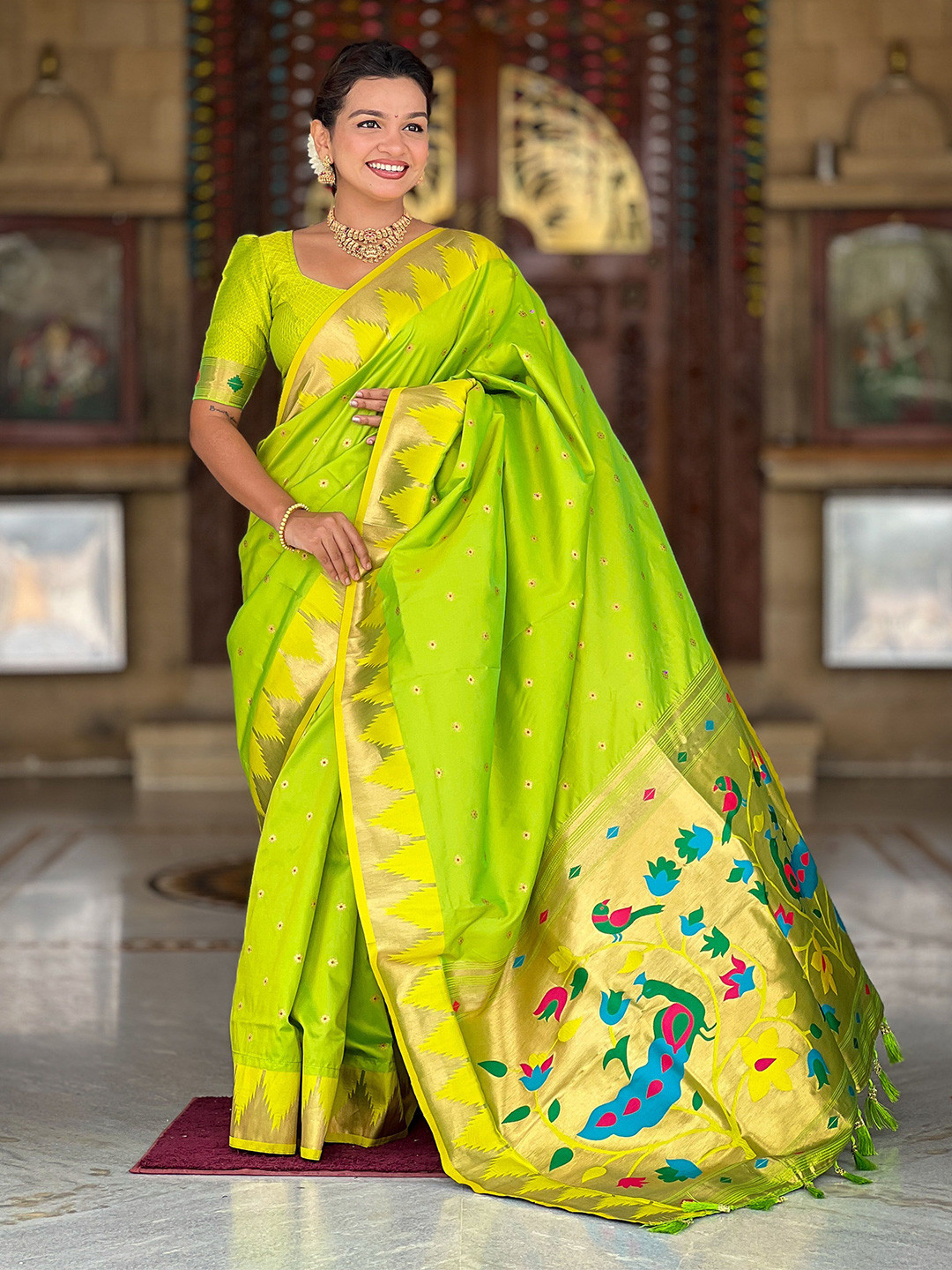 Divyadham Textiles Floral Woven Design Zari Work Art Silk Paithani Saree With Blouse