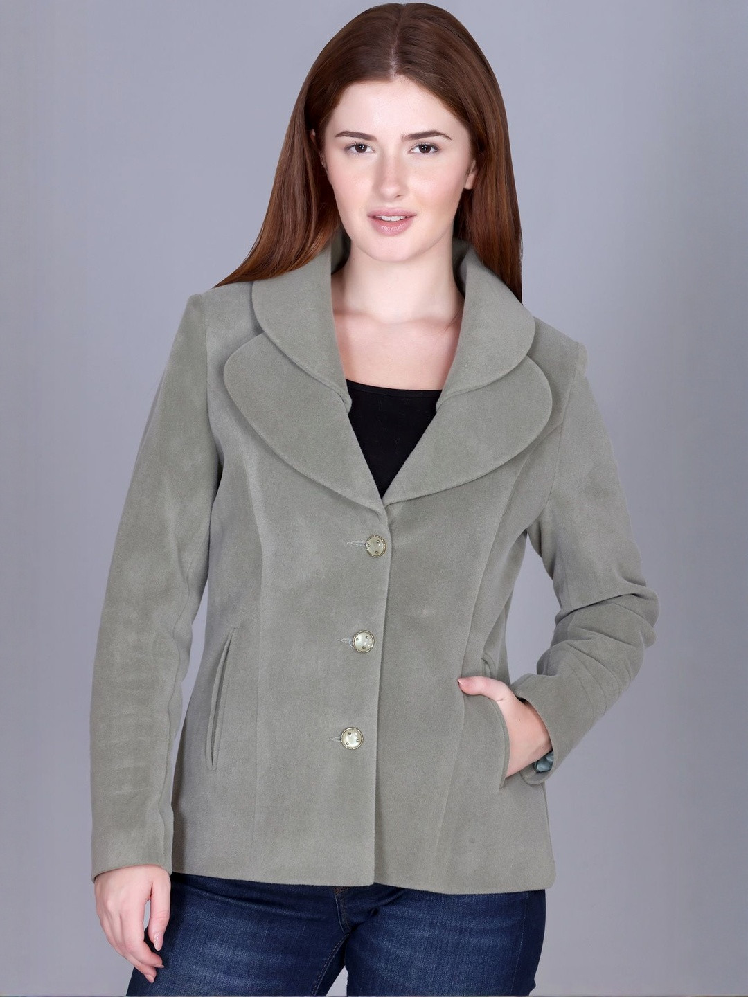 Roadster Women Solid Green Curved Lapel Collar & Button Closure Blazer