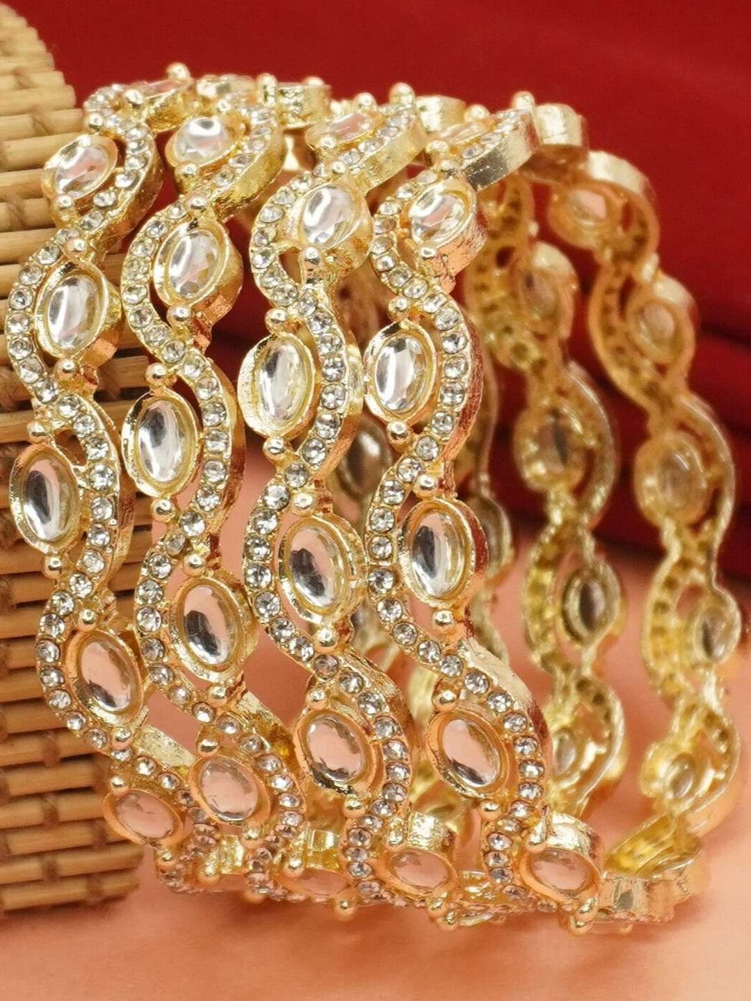 Panini jewels Set Of 4 Gold-Plated & Gold Brass Kundan Bangles