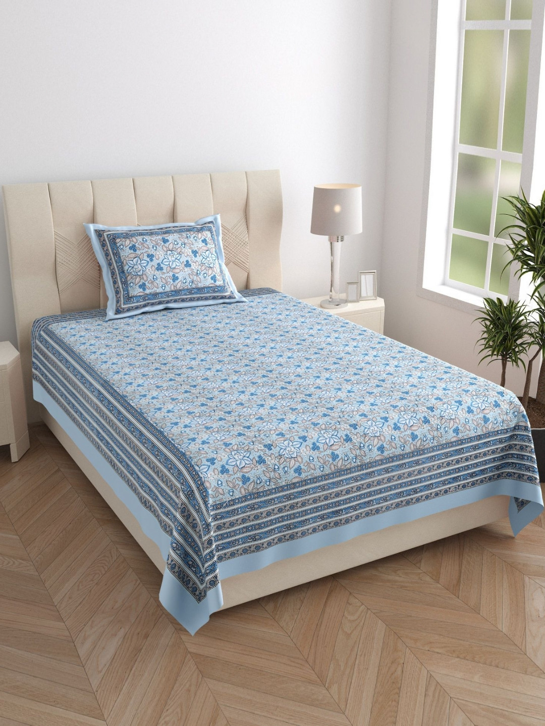 Texstylers Blue Floral Printed 210 TC Pure Cotton Single Bedsheet Set- 1.52 m X 2.29 m