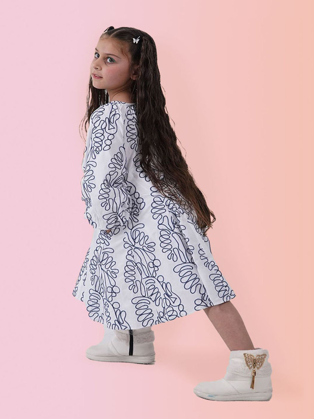 LH LUXURY FASHION Girls Printed Balloon Sleeves Monochrome Cotton A-Line Dress