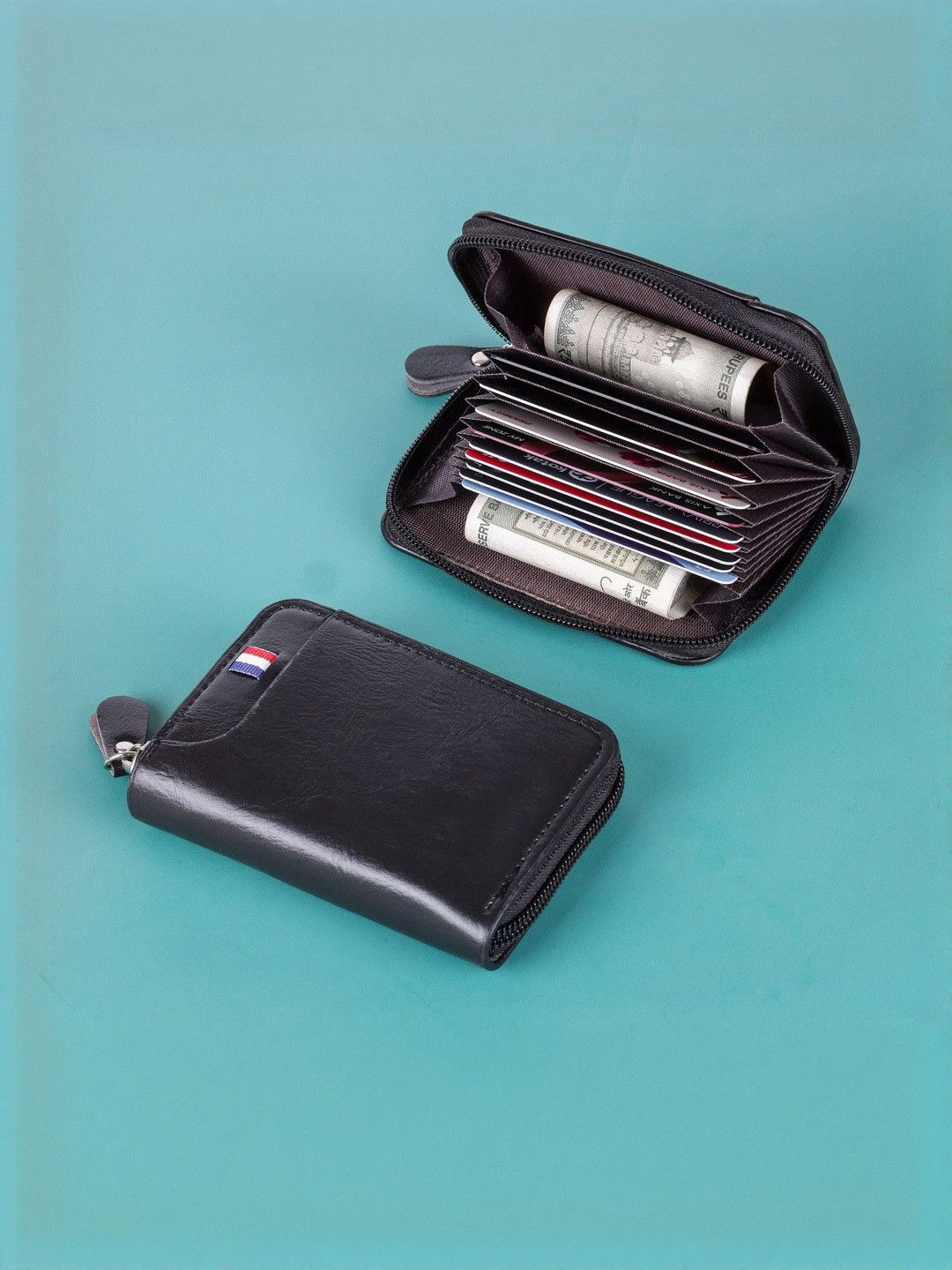 LAKSH Unisex Black Zip Detail Leather Card Holder Wallet