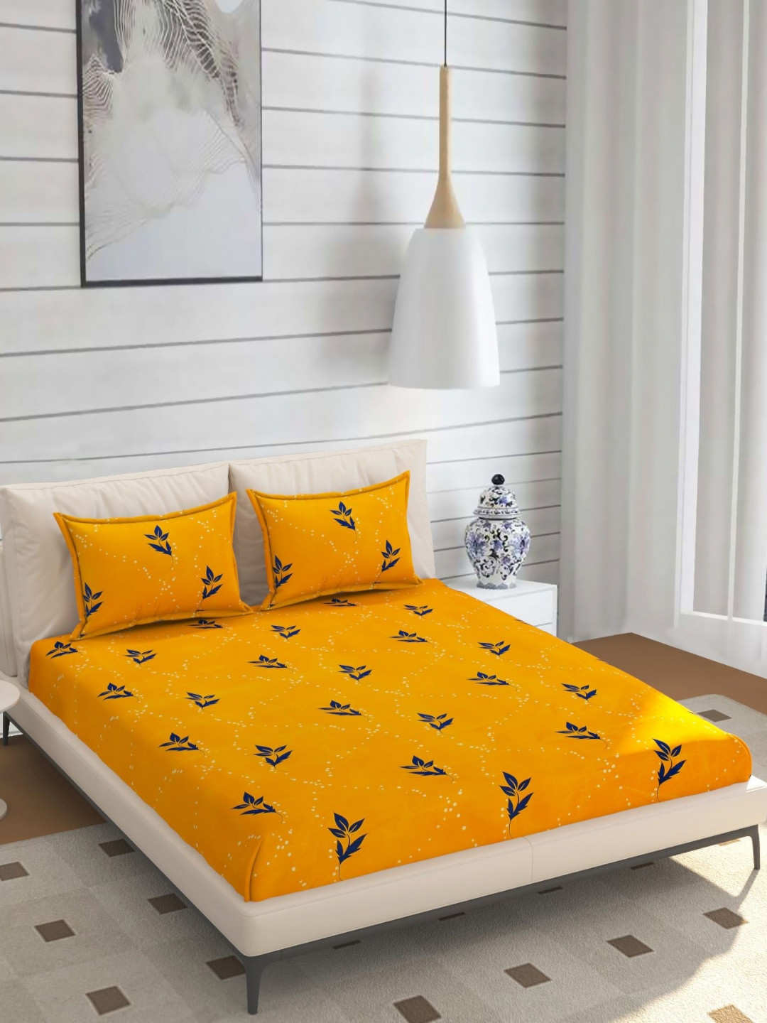 ohello Mustard & Blue Printed 210TC Double King Size Bedsheet 1.98 m x 1.82 m