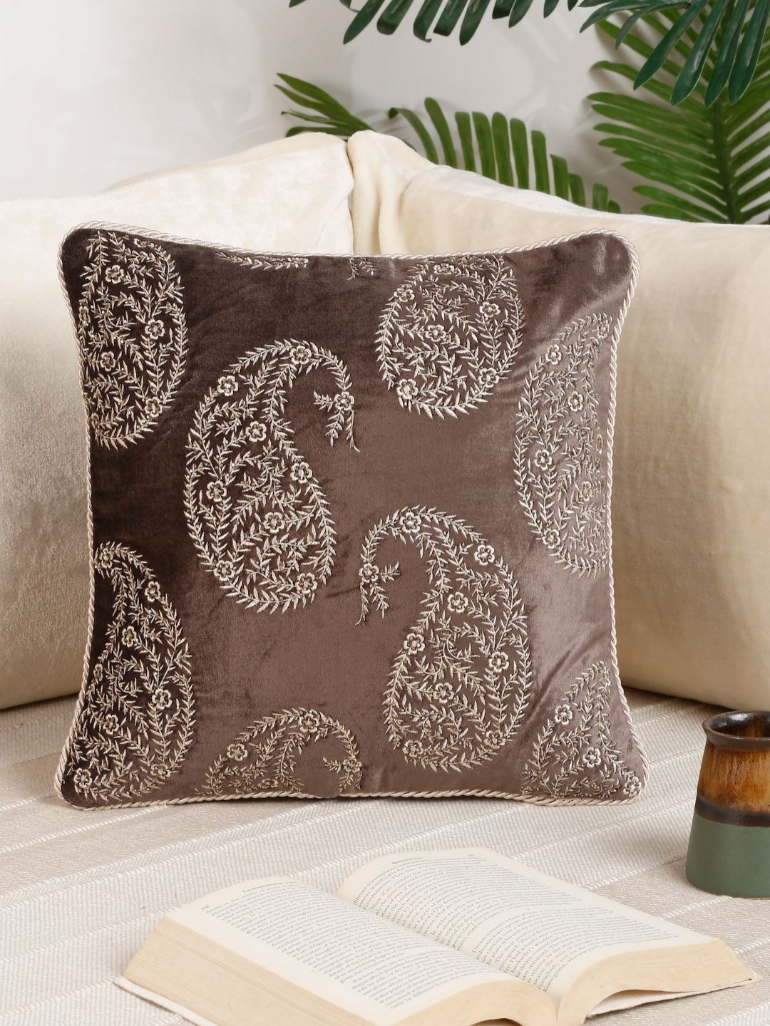 NISRAG HOME Coffee Brown & Beige Ethnic Printed Velvet Square Cushion Covers