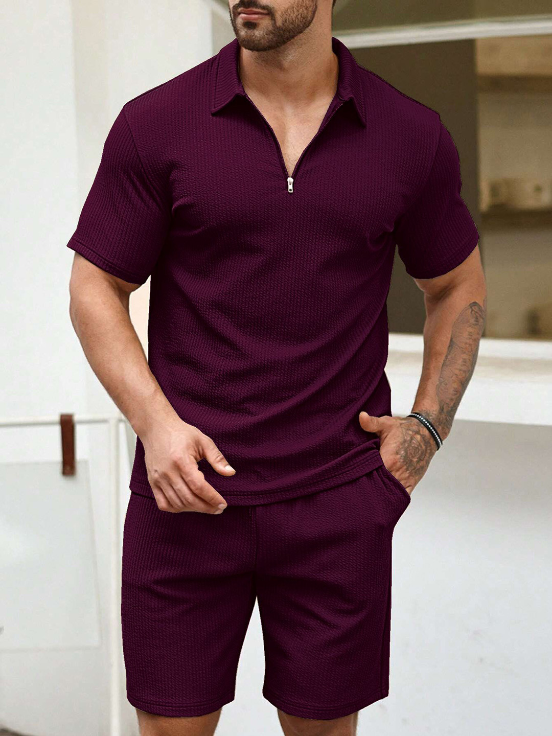 VOGAAN Ribbed Shirt collar Neck T-Shirt With Shorts Co-Ords