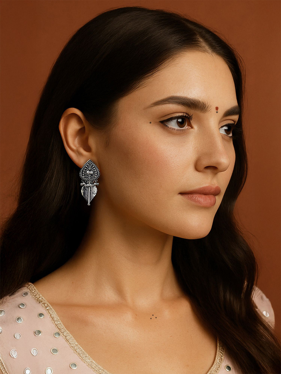 Kalakrith Milano German Silver Pearls Beaded Oxidised Leaf Shaped Drop Earrings