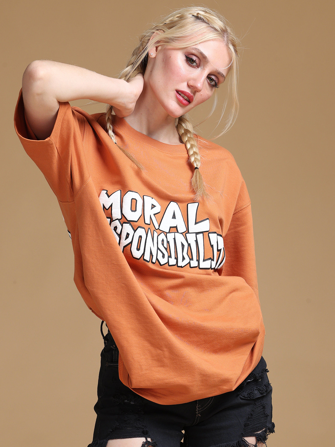 VUDU Women Typography Printed Round Neck Cotton Oversized T-shirt